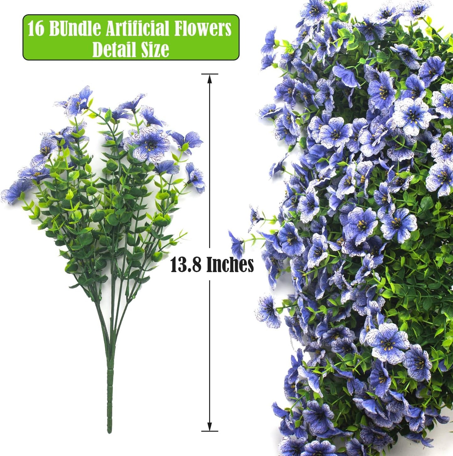 Artificial Fake Flowers for Outdoor Spring Decoration, 16 Bundles Faux Silk Colorful Daisy UV Resistant Realistic for Outside Porch Patio Home Yard Garden Planters Pots Window Box (Blue)