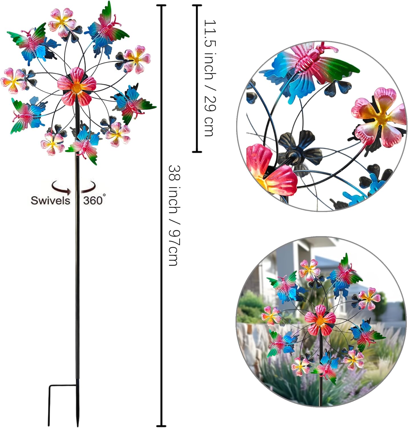 38" Double Blade Butterfly Wind Spinners Outdoor, Colorful Butterflies Kinetic Outdoor Decor for Patio, Lawn & Garden Decor