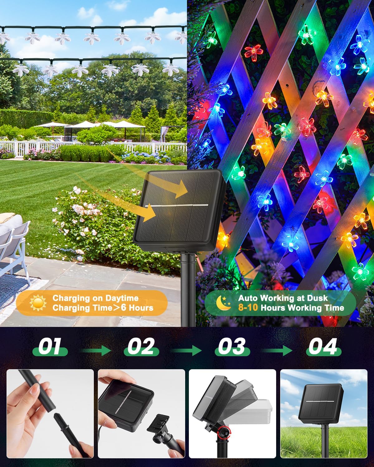 Brightown 60 LED Flower Solar String Lights Outdoor Waterproof Fairy Lights for Garden Yard Fence Patio Christmas Tree Wedding Party Decor, Multicolor