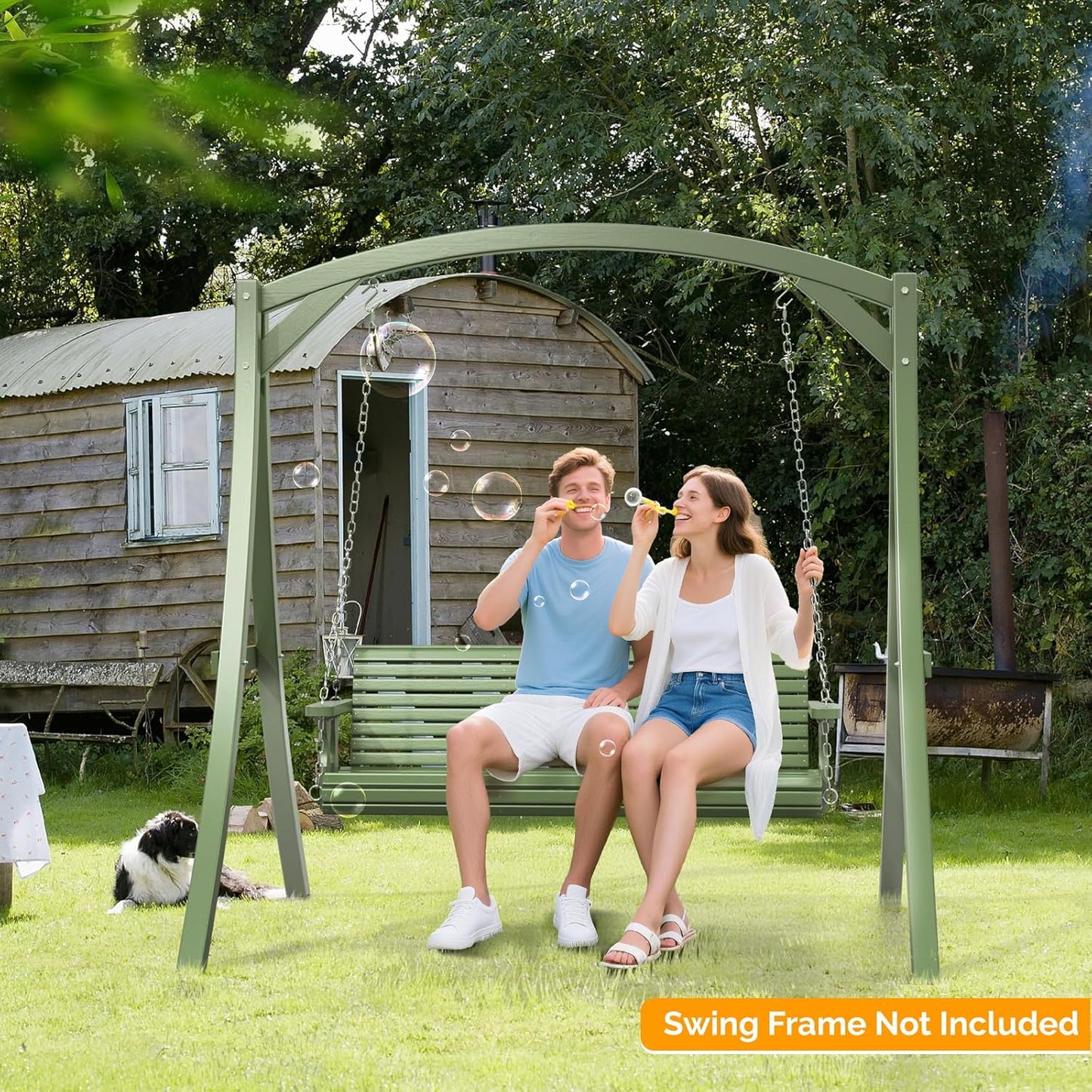 VINGLI Upgraded Patio Wooden Porch Swing for Courtyard & Garden, Heavy Duty 880 LBS Swing Chair Bench with Hanging Chains for Outdoors (Green, 5 FT)