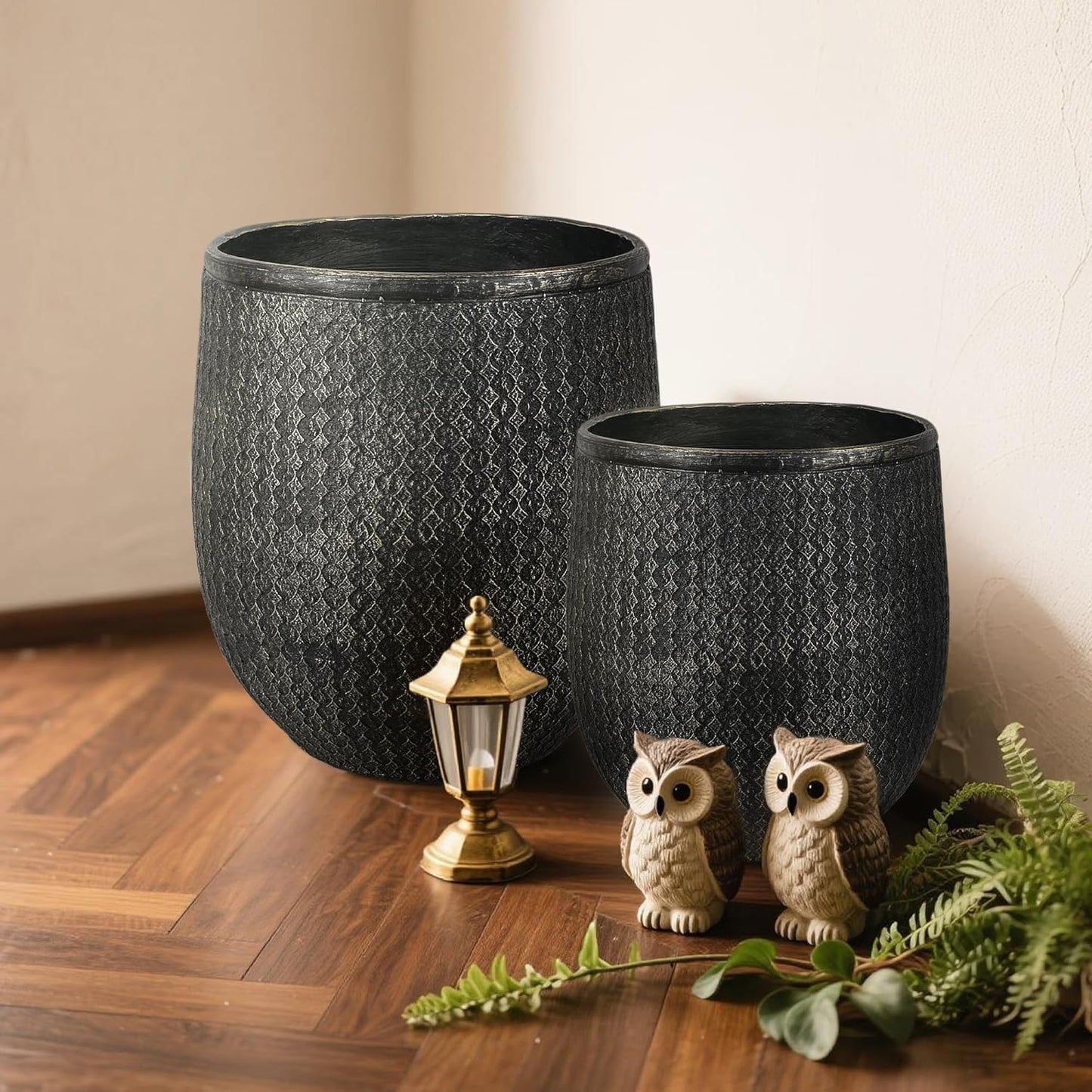 Worth Garden Large Round Planters Set of 2 (14.5"x17.5" & 12" x15“) - Lightweight Magnesium Oxide Cement Plant Pot with Texture - Concrete Look with Drainage Hole – Indoor & Outdoor Use - Black Gold