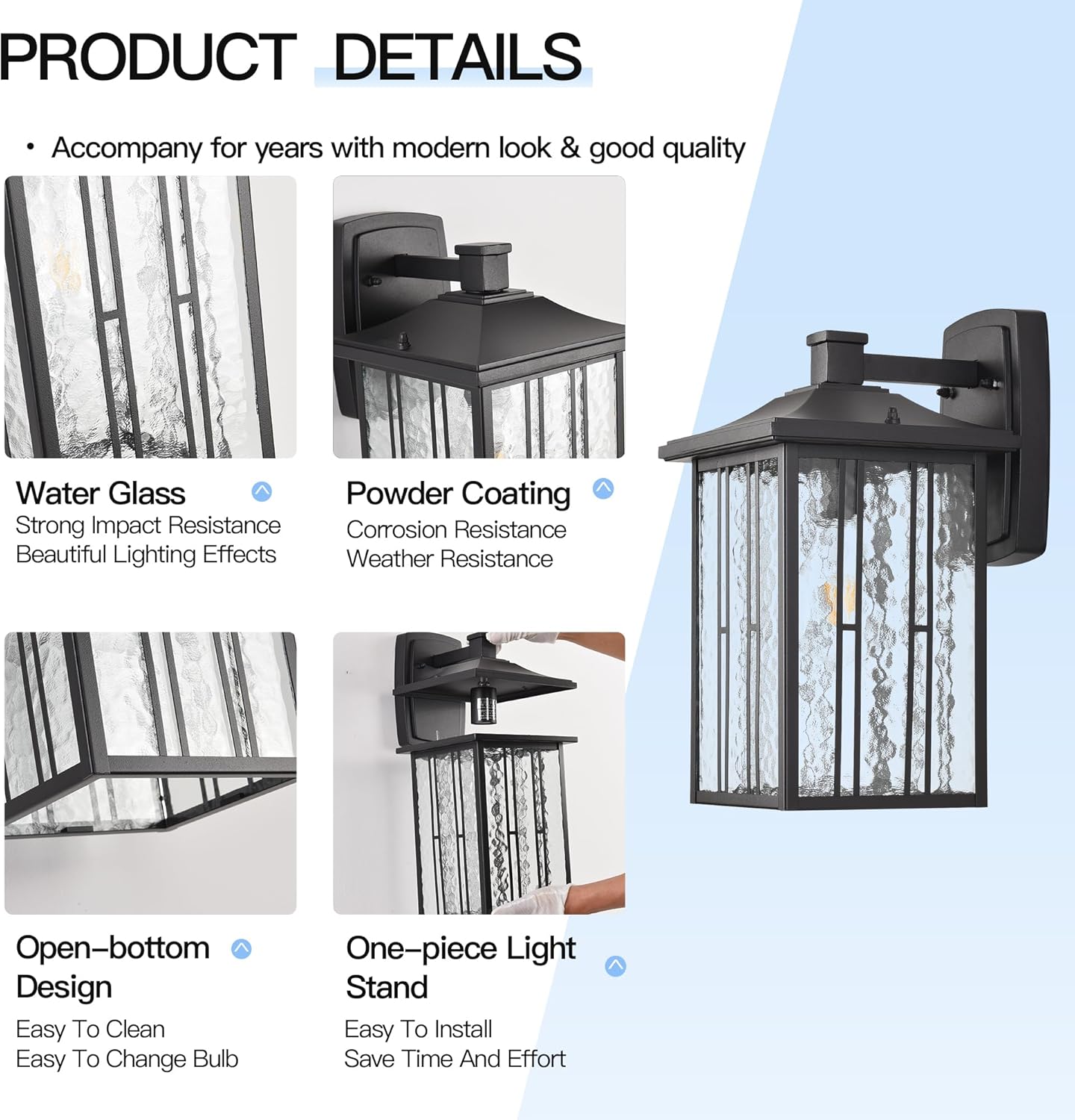 Outdoor Porch Light Fixtures, Black Wall Sconce Exterior Light, Large Front Ddoor Sconce Lights, Water Glass Outdoor Wall Lantern for Porch Garage House, 15”H