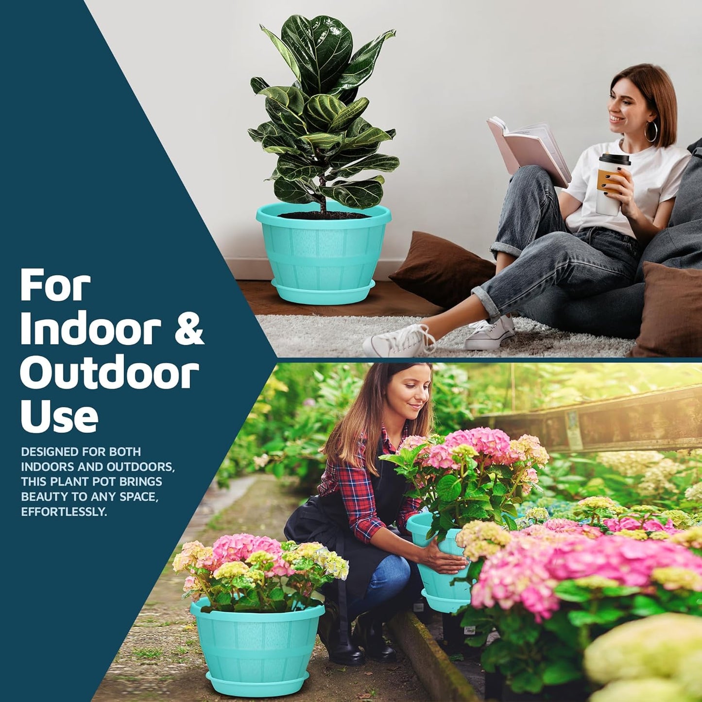 10-Inch Whiskey Barrel Planters Outdoor Pack of 10 - Durable Plastic Plant Pots for Indoor & Outdoor Use with Drainage & Saucer, Lightweight Rustic Barrel Planters for Flowers, Herbs & Small Plants