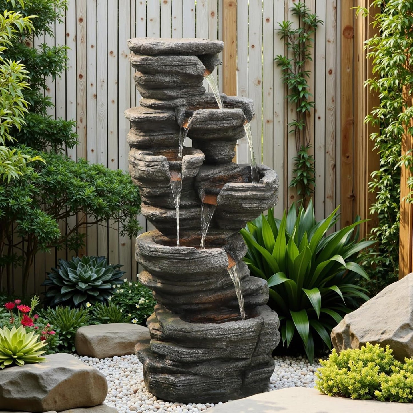 42.5" H Garden Outdoor Water Fountain with LED Lights & Pump, Mutiply-Tier Cascading Outdoor Fountain Suitable for Garden/Patio/Yard/Deck/Balcony and Home Art Decor（Resin）