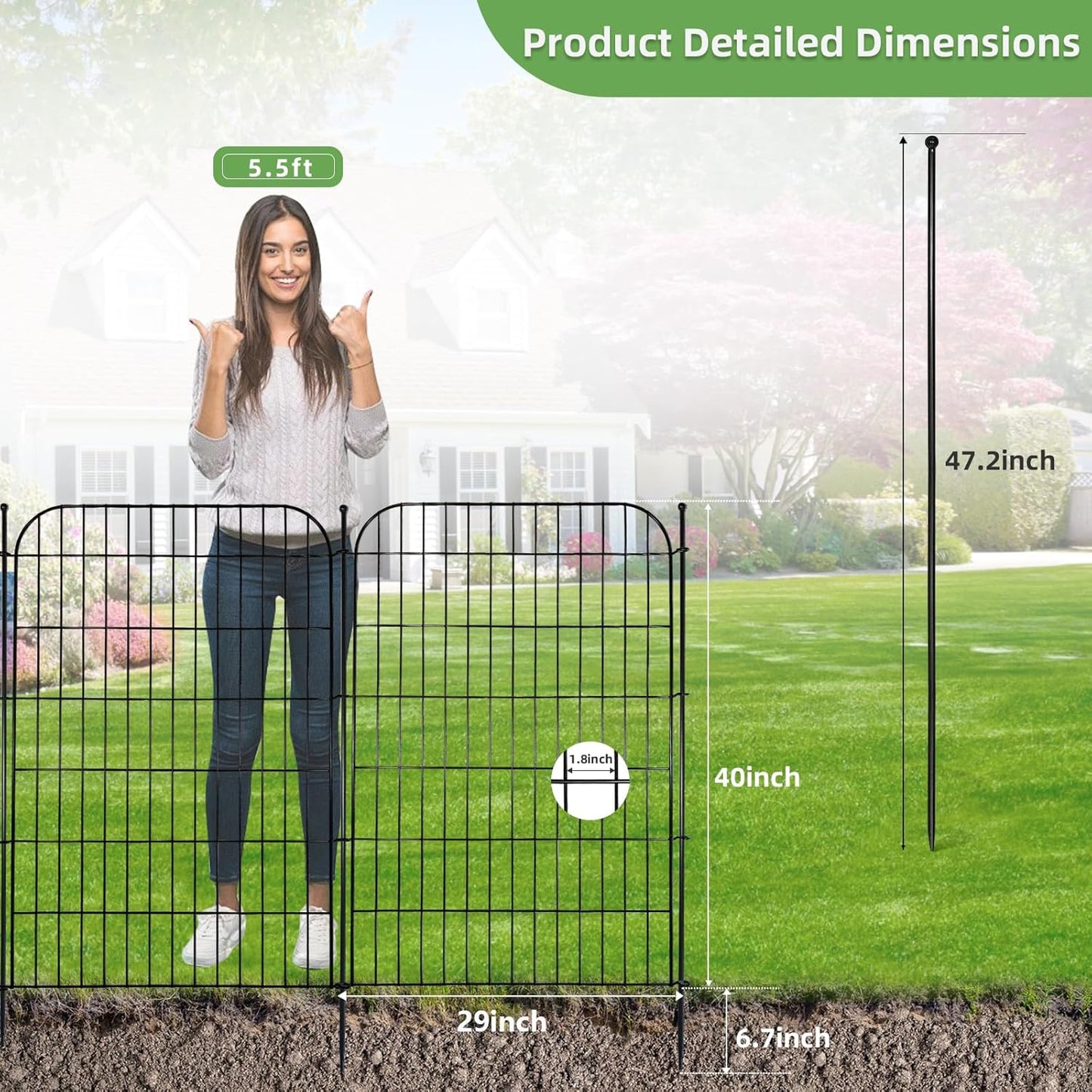 Decorative Garden Fence, 5 Panels 40 in(H) X 11.8 ft(L) Rustproof Metal Wire No Dig Dog Fence Outdoor for Yard, Temporary Tall Garden Fence Animal Barrier Decor for Yard & Patio