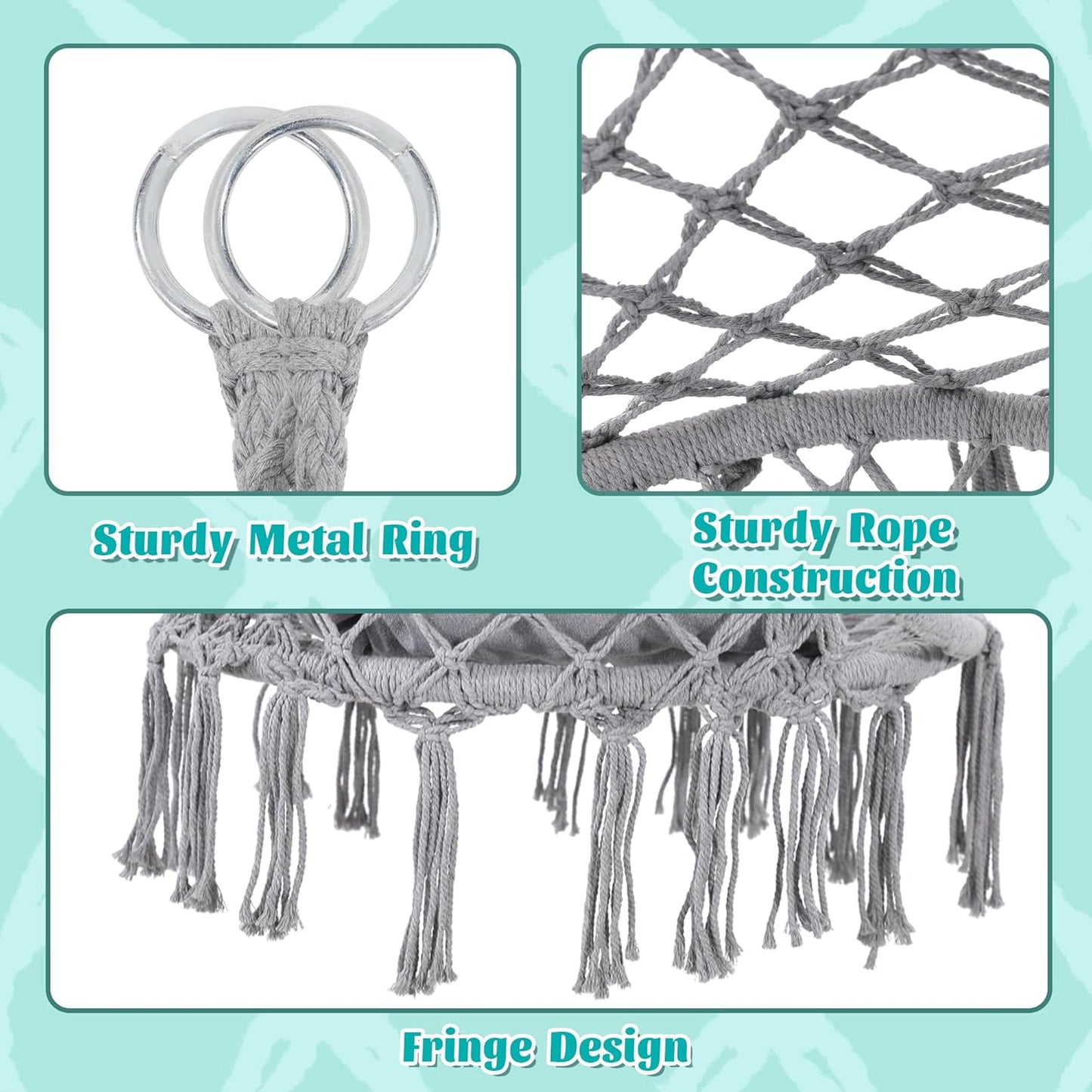 Macrame Hammock Hanging Swinging Chair with Medium Cushion, Perfect for Bedroom, Porch, Adults, Balcony, Grey