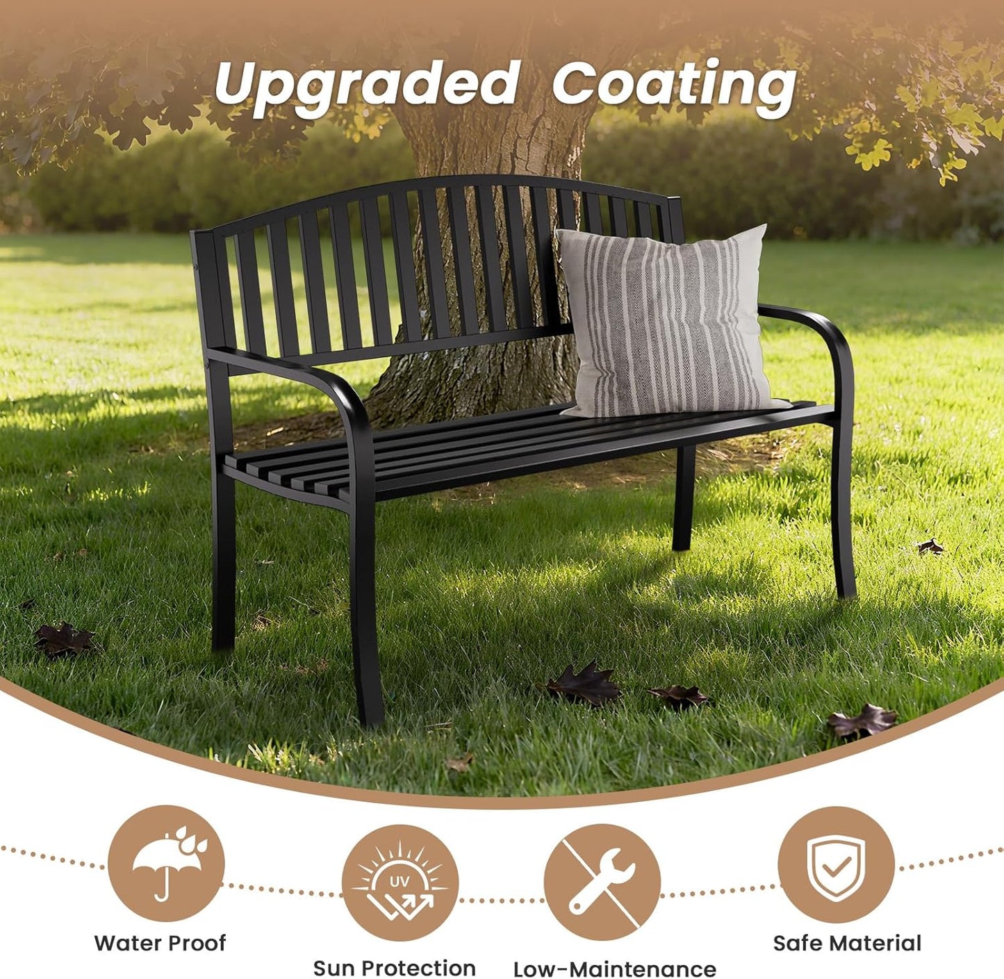 50'' Outdoor Garden Bench, Weatherproof Wrought Iron Metal Patio Bench with Mesh Pattern Backrest, for Front Porch, Park, Yard, Gardens
