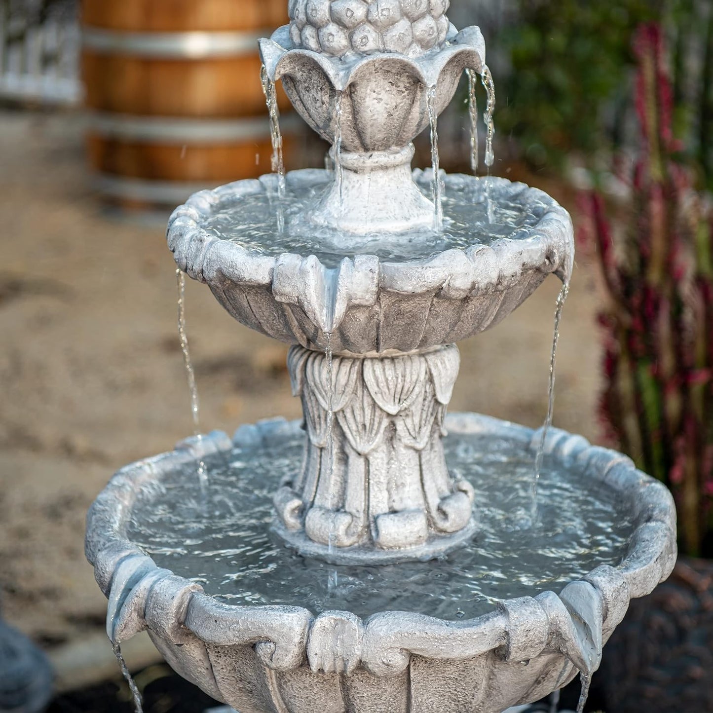 58.3" Leaf Water Fountain, 3-Tier, Outdoor, Gray Resin, Pump
