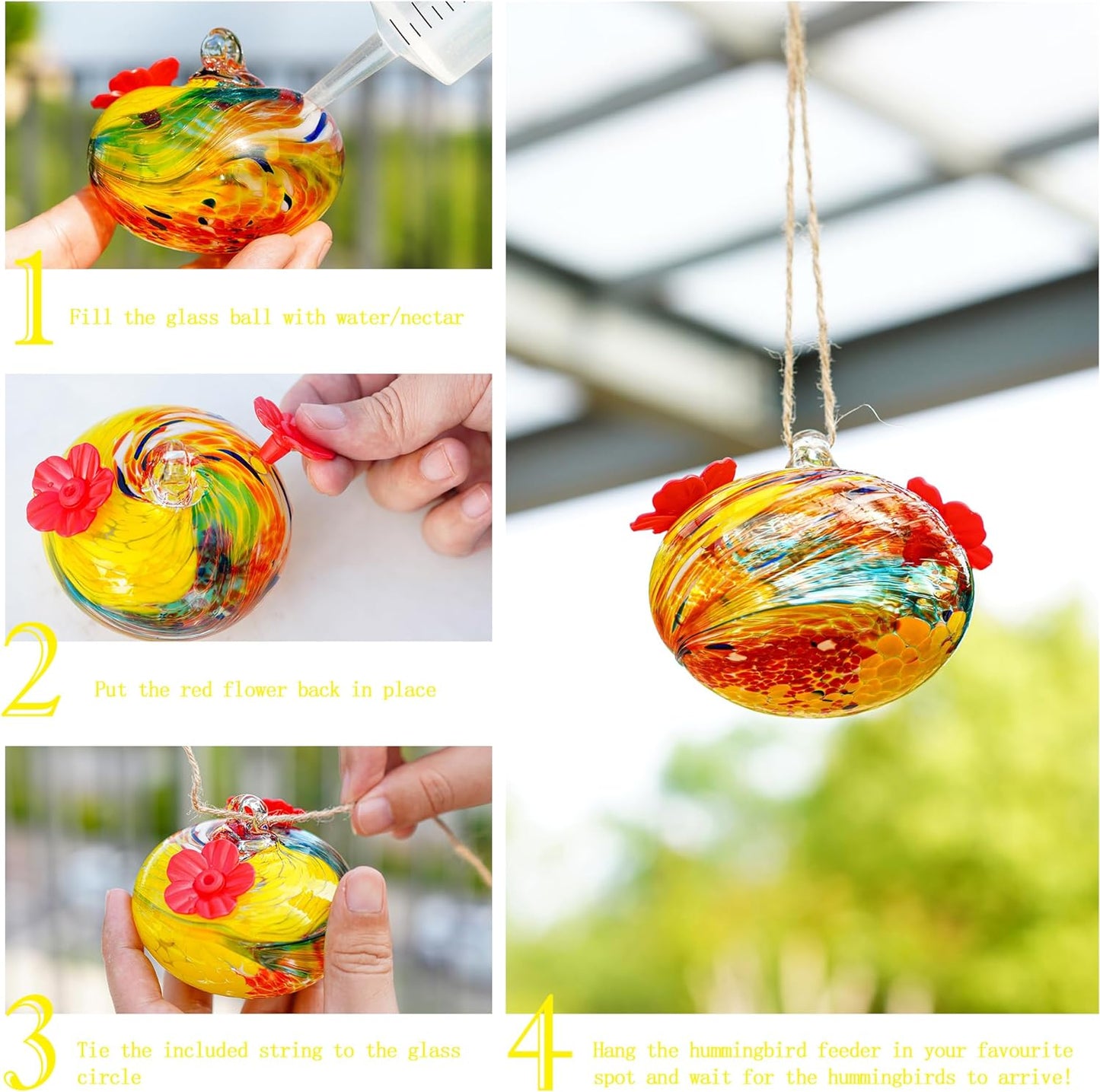 Hand Blown Glass Hummingbird Feeders for Outdoors with 2 Feeding Ports Leak Proof Small Glass Humming Bird Feeder for Window Garden Patio Decoration