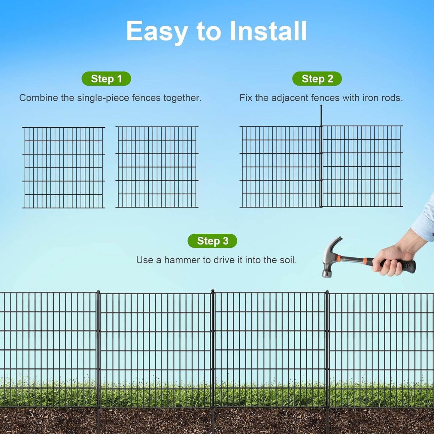 Land Guard 10-Panels No Dig Decorative Fence 30 in(H) x 25 ft(L), Tall Garden Fence Animal Barrier, Removable Fence for Garden, Rustproof Metal Animal Barrier Ground Stakes Fencing