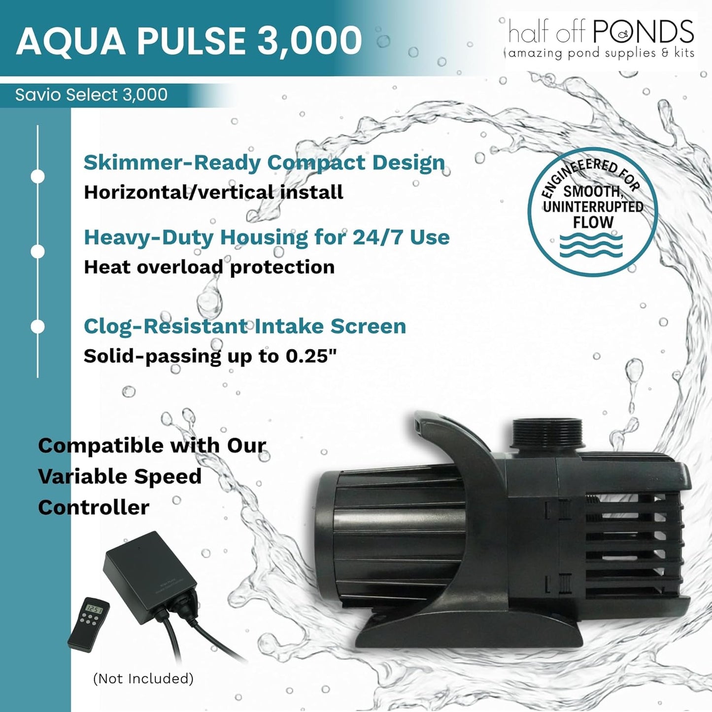 HALF OFF PONDS Savio Select 3,000 GPH Submersible Pump Pond Kit with 20' x 25' EPDM Rubber Pond Liner, UV Clarifier for Water Garden & Koi Pond
