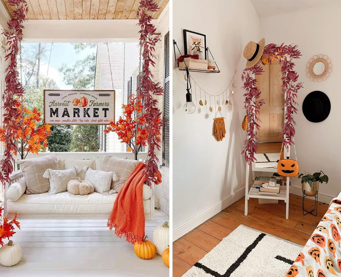 RECUTMS Artificial Hanging Willow Leaves Vine Twigs 2Pcs 5.7Ft Fake Silk Burgundy Leaf Ivy Fall Garland Faux Greenery Indoor Outdoor Valentines Day Wedding Birthday Christmas Thanksgiving Party Decor