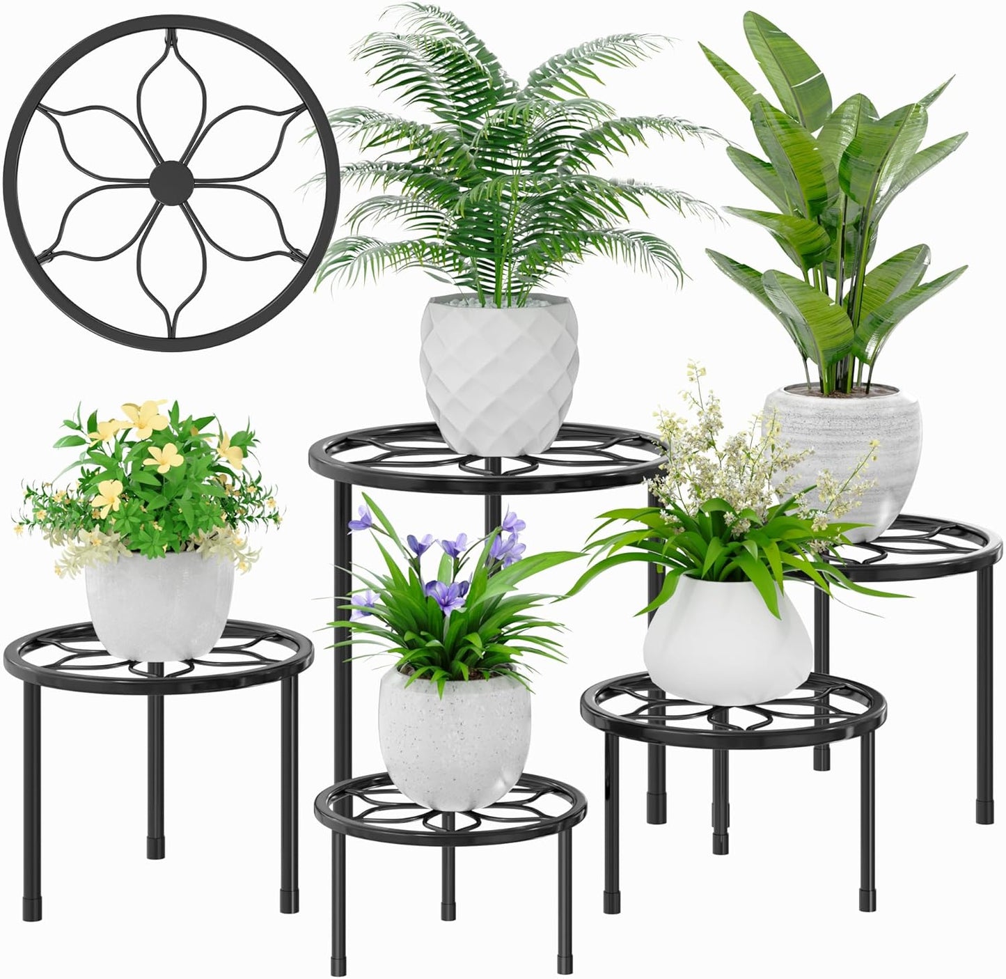 VECELO Metal Plant Stands Set of 5, Multiple Heavy Duty Flower Pot Stand, Round Plant Holder, Black