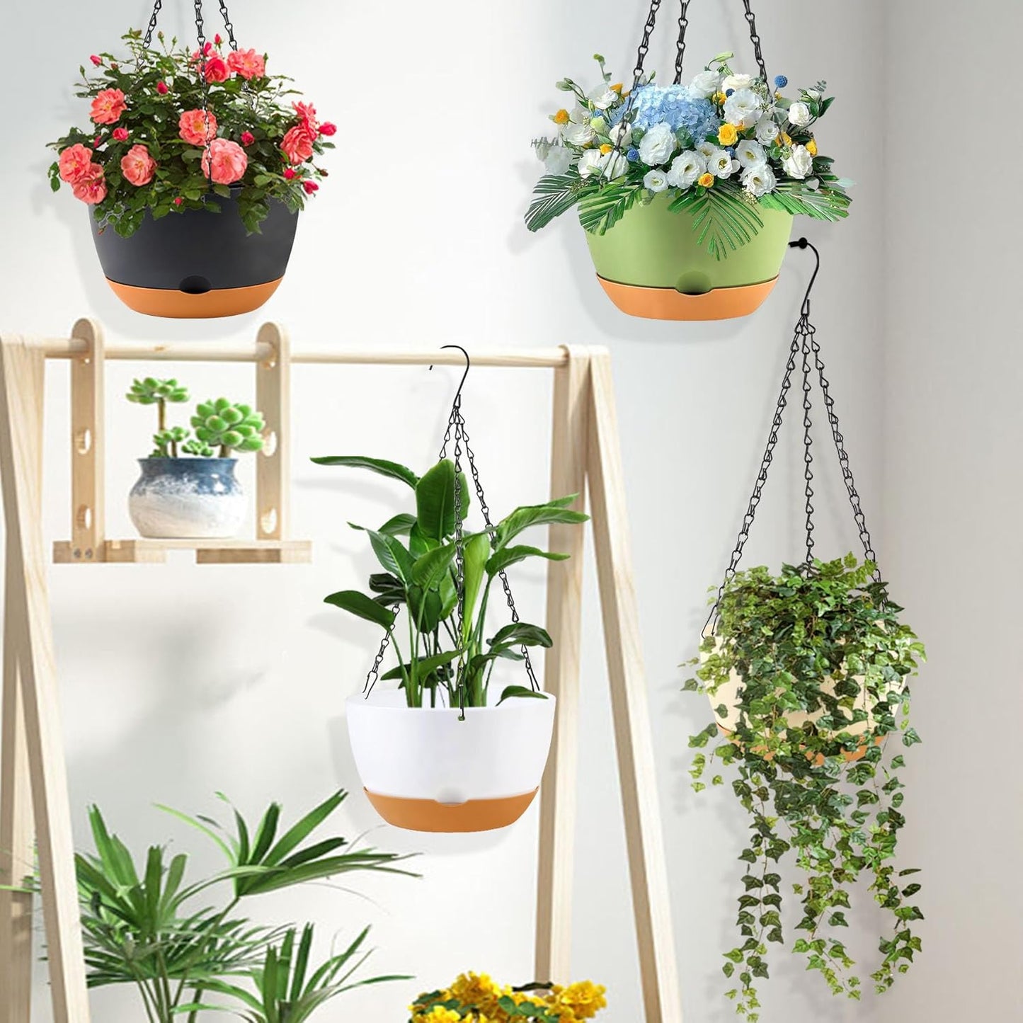 10 inch Hanging Planters for Indoor Outdoor Plants with Self-Watering Pots, 3 Pack Plastic Hanging Basket with Removable Tray for Home Garden Porch Balcony Patio Decor(White+Black+Green)