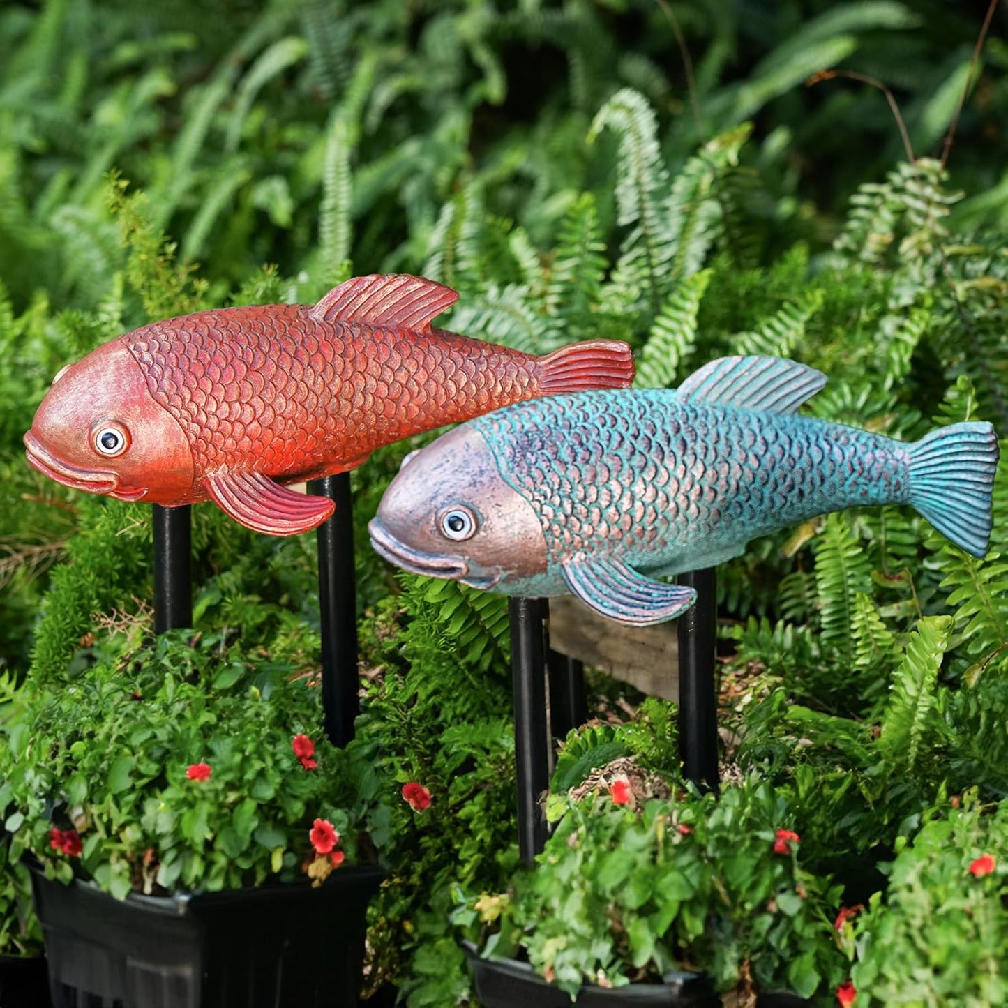 10.8" Resin Koi Pond Kit, 2Pcs Antique Koi Fish Garden Statues, Yard Pond Decor, Large Outdoor Statues Ornaments, Real Fish Sculpture Art, Garden for Outdoors