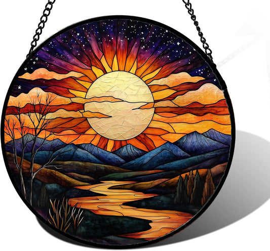 Stained Glass Window Hanging, The Sun Shines Brightly on Lake Sun Catchers Colorful Glass Panel Suncatcher Decor for Birthday for Women, Men, Wife, Lovers, and Mom 9.8 in