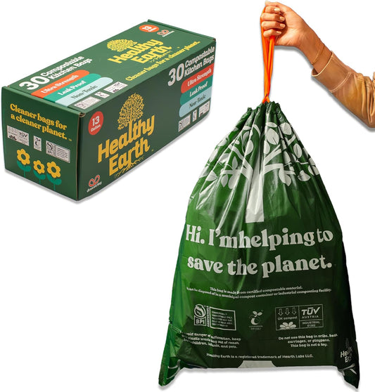 Healthy Earth 13 Gallon Compostable Trash Bags – Tall Kitchen Garbage Bags with Drawstring Handles, Extra Thick Plant-Based Liners, BPI & TÜV Certified ASTM D6400, Heavy Duty Leak-Proof (30 Count)