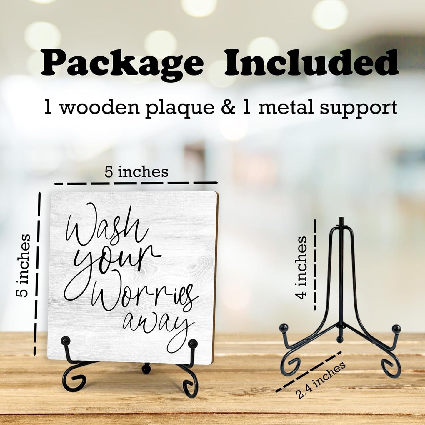 5" Wooden Plaque, Wash your worries away bathroom sign, bathroom shelf decor, Rustic Farmhouse Home Guest Room Bathroom Accessories -B27