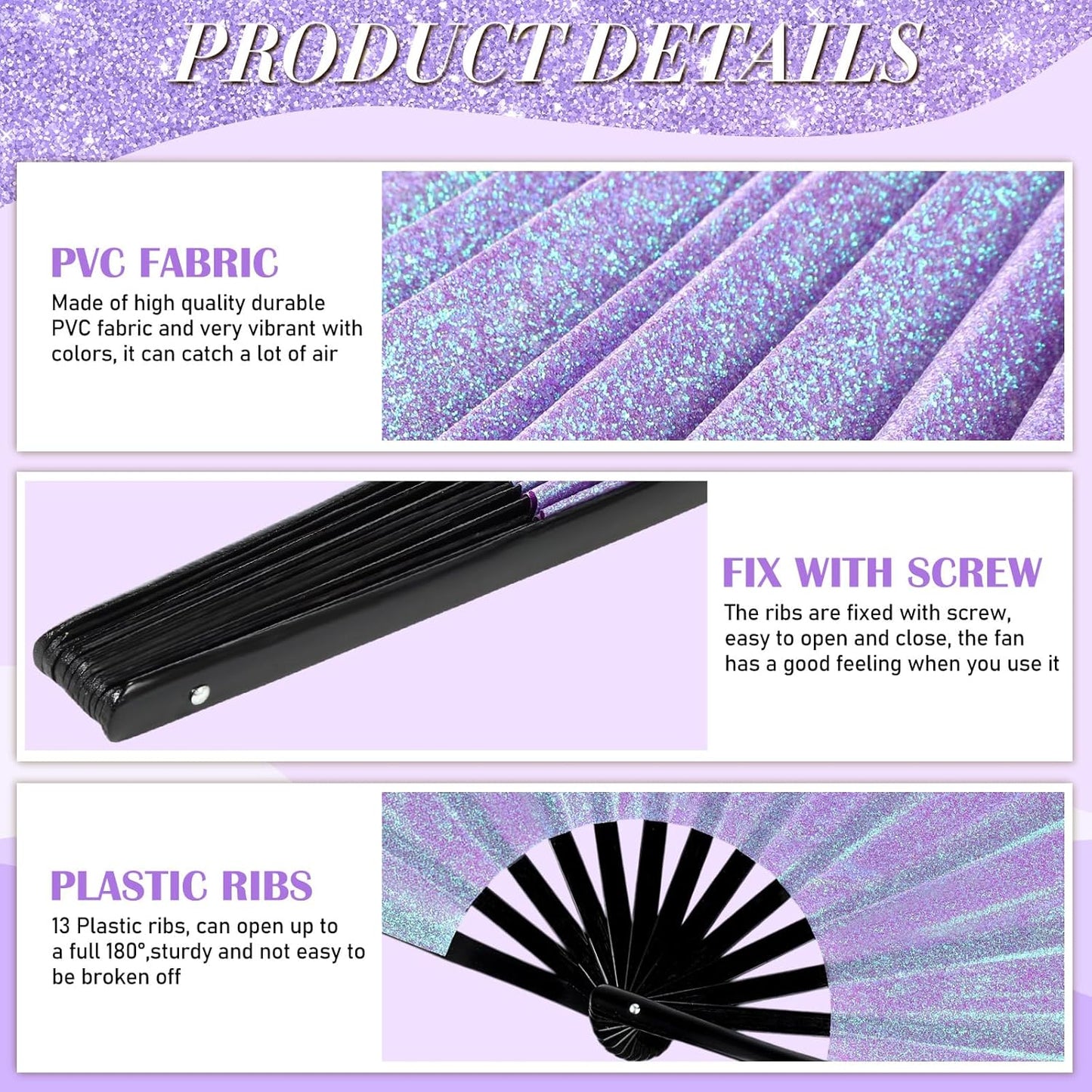 Maitys 2 Packs Large Clap Fans for Line Dancing Large Chinese Folding Hand Fans for Men and Women, Festival, Tai Ji, Kungfu, Martial Art, Gifts (Glitter Pink Purple)