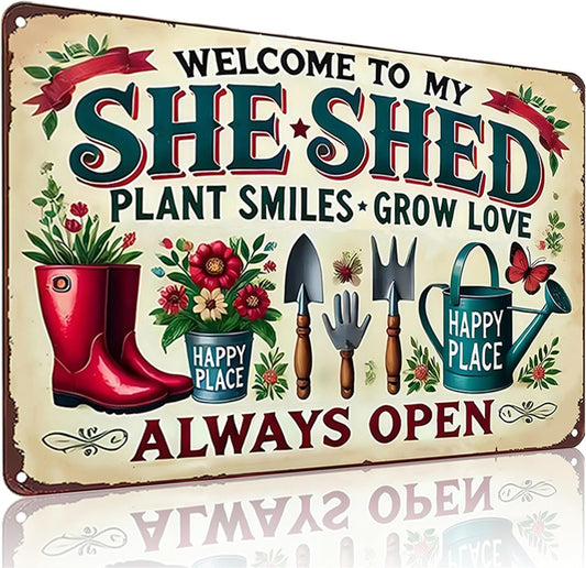 Bestylez Garden Gifts Welcome to My She ShedVintage Gardening Signs for Home Garden Greenhouse Living Room Bedroom Yard Outdoor Decor 8X12 Inch (3372)