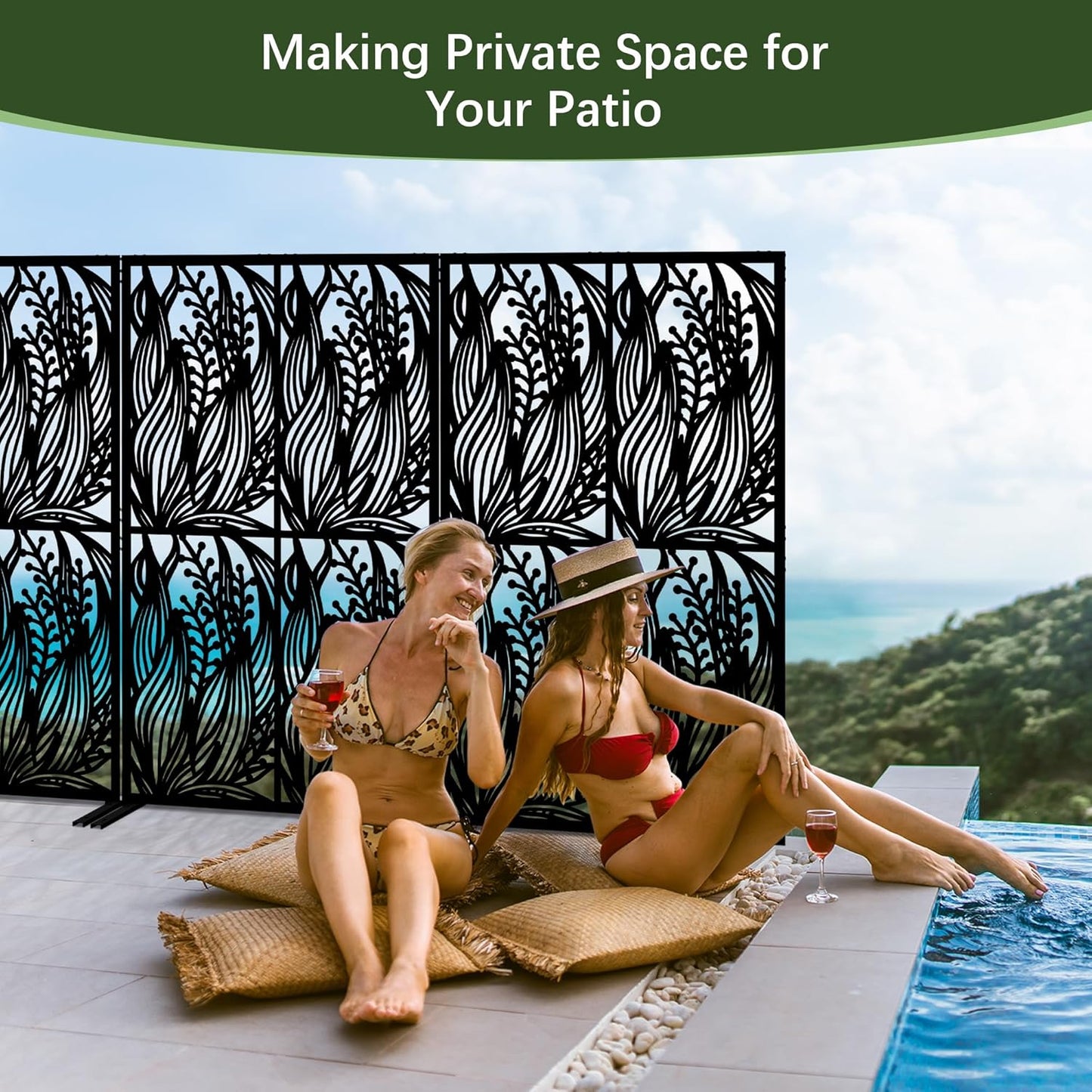 Metal Privacy Screen Outdoor W3.8Ft x H 6Ft Patio Privacy Panels Free Standing Divider Decorative for Balcony Garden Room Lawn Deck (1, Black Leaf)