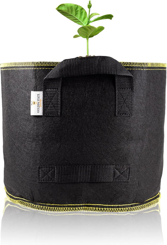 Grow Bags: 5-Pack (Size: 3 Gallon): 300gsm Black Felt Fabric w/Yellow Stitch, Biodegradable and eco-Friendly Material. (Handles + Dumping Handles-pat.Pend).