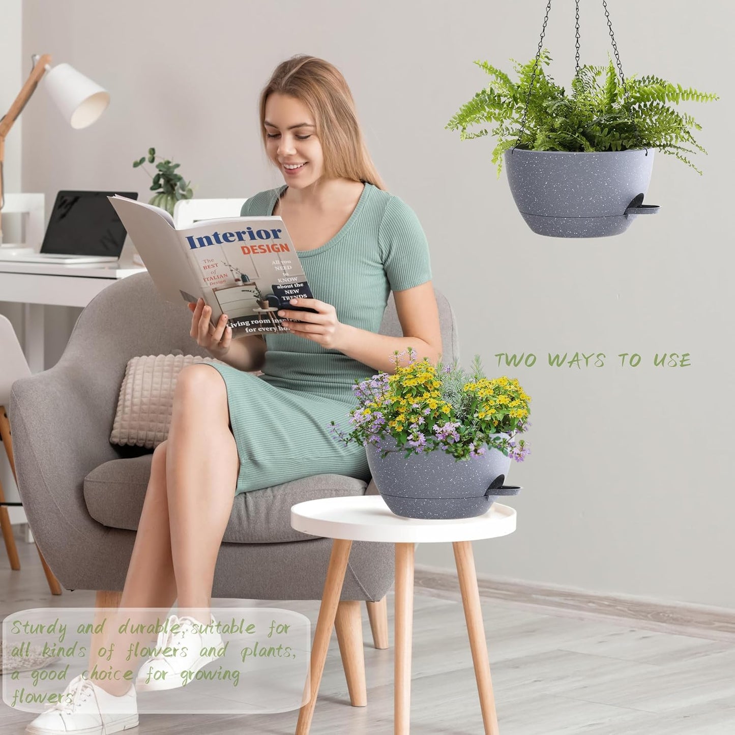 12 Inch Hanging Baskets 2 PC with Chains, Self-Watering Hanging Planters for Indoor Outdoor Plants, Plastic Hanging Flower Pots,Speckled Grey