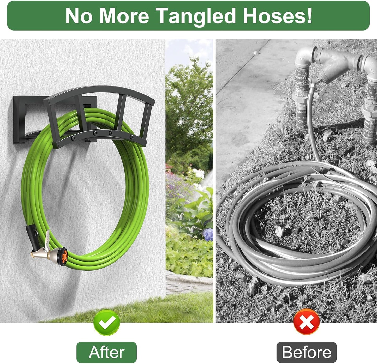 2 Pack Garden Hose Holder Wall Mounted, Outdoor Heavy Duty Metal Water Hose Holder Hanger Holds 125-ft Water Pipe, Sturdy Detachable Hose Storage Organizer Reel Rack for Outside Garden Lawn Yard Farm