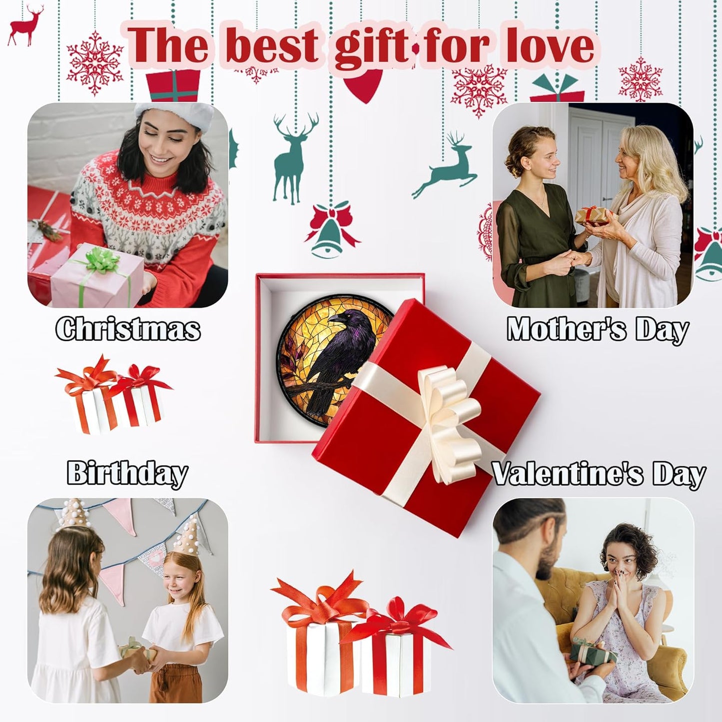 Stained Glass Window Hanging - Crow on a Branch Suncatcher Ready to Hang Window Doors Home Decoration and Christmas, Mother's Day Birthday Gifts for Women, Men, and Mom 11.8x11.8 in