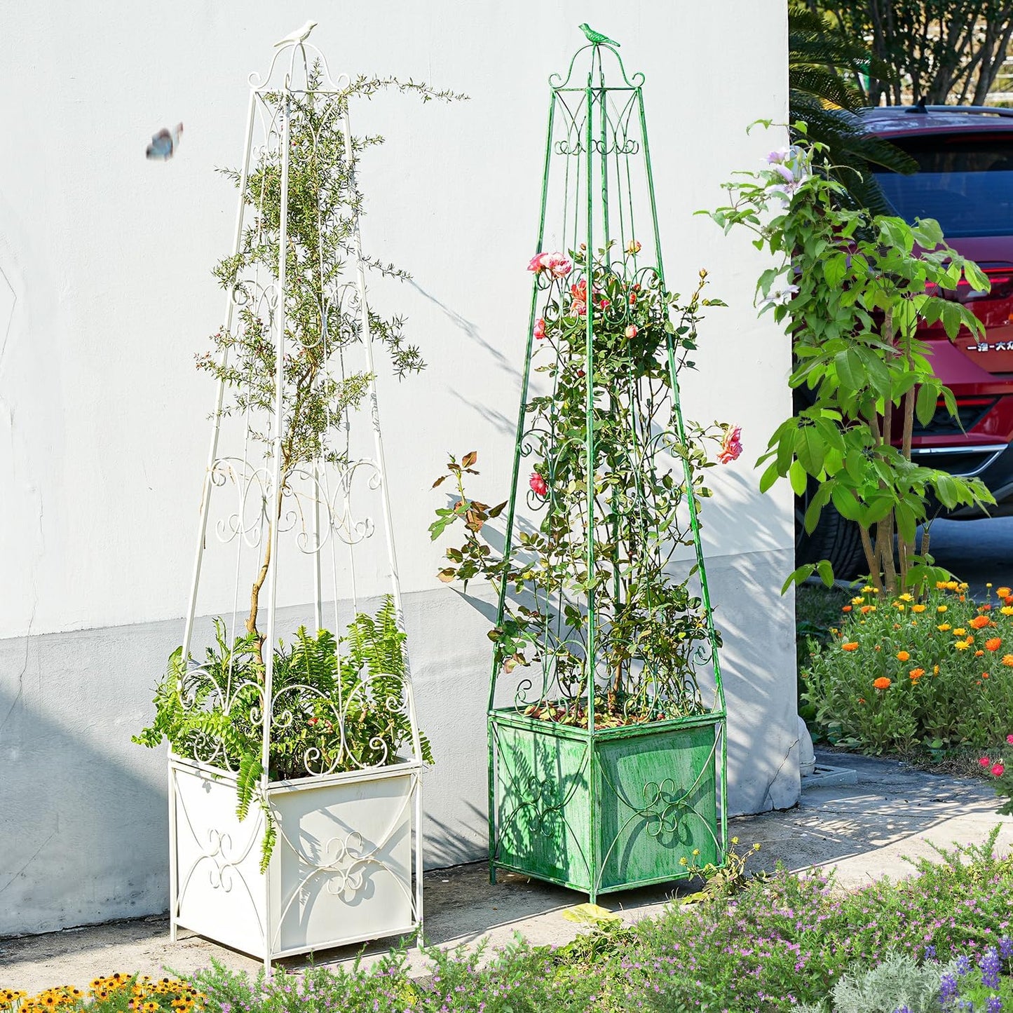 Sungmor 59 Inch Tall Distressed White Garden Obelisk Trellis with Planter Box - Metal Climbing Support for Roses/Clematis/Vines/Ivy, Decorative Outdoor/Indoor Potted Plant Stand Growing Box