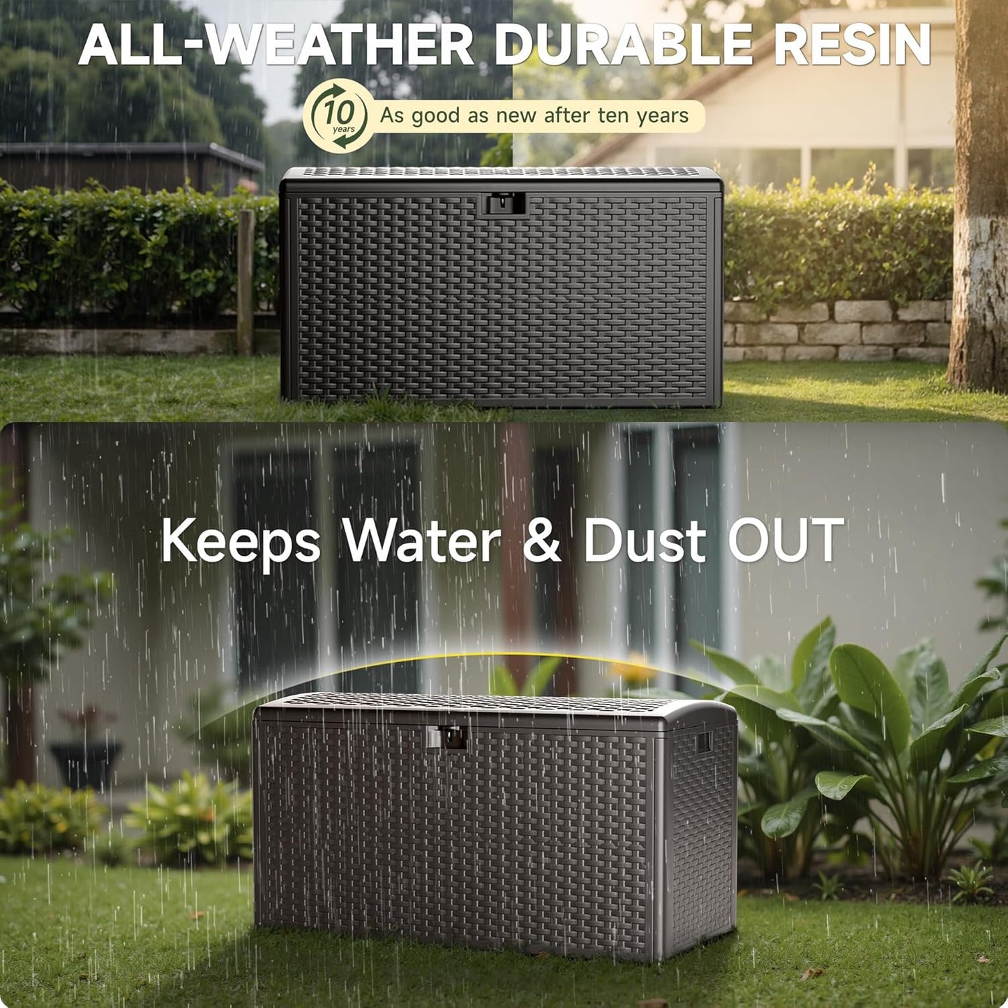 73-Gallon Resin Deck Box, Secure All-Weather Waterproof and UV-Resistant Storage for Patio, Garden, and Pool Equipment (Brown)