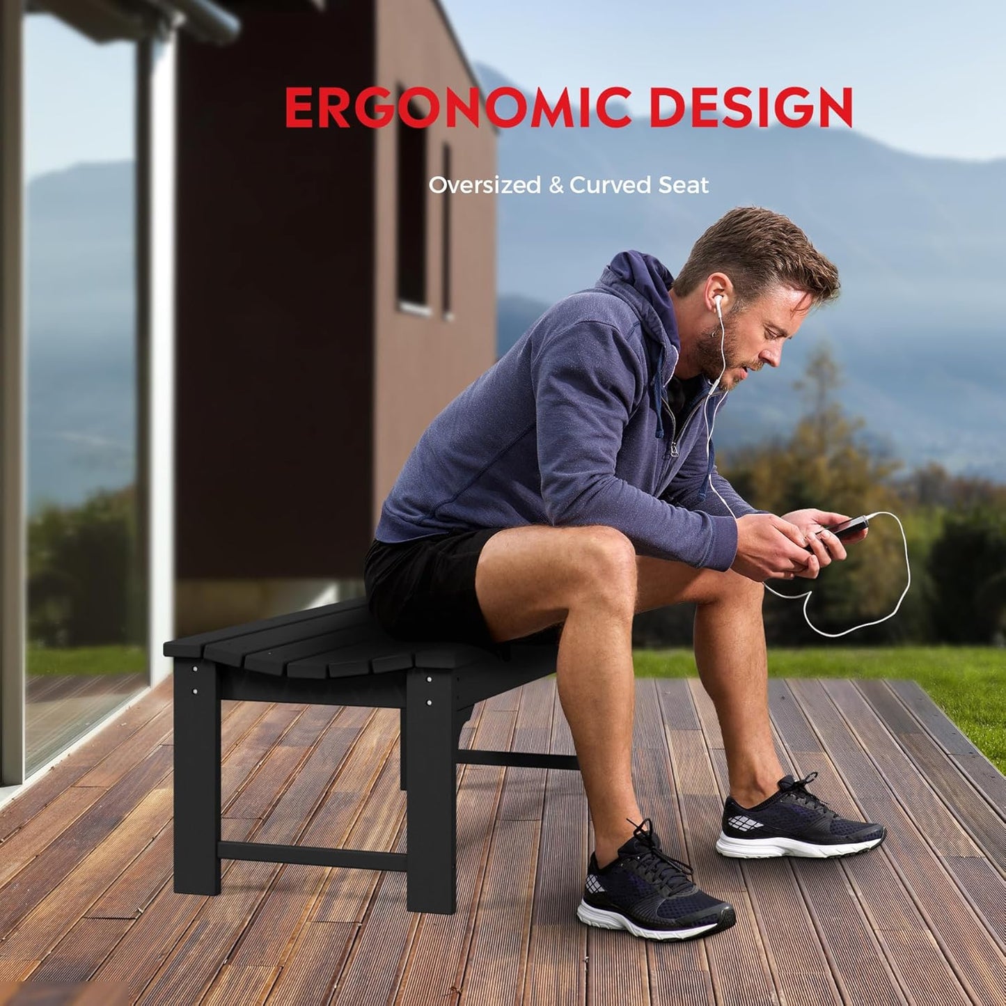 Outdoor Benches Weatherproof, All Weather Resistant Park Bench Poly Lumber Backless Garden Bench Seat for Entryway Front Porch, Black