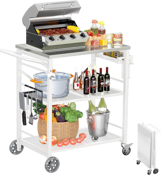 Ciokea Folding Outdoor Grill Cart with Wheels, 3-Shelf Grill Table with 27x18 in Stainless Steel Top, Rolling Pizza Oven Stand, Metal Portable Cart for BBQ Patio Camping (White)