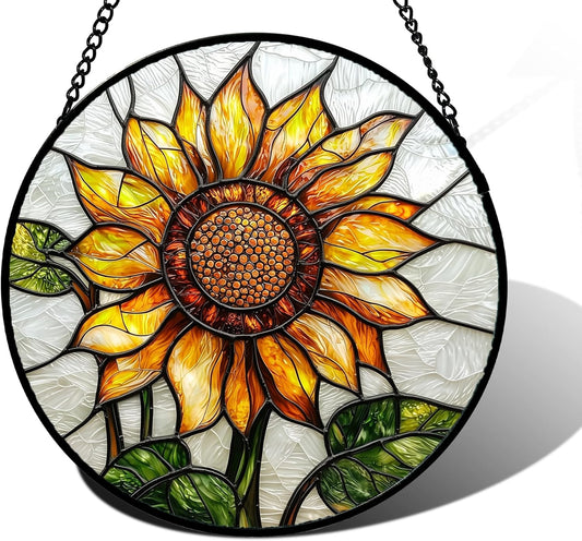 Stained Glass Window Hanging - Sunflower Flower Suncatcher Ready to Hang Window Doors Home Decoration and Christmas, Mother's Day Birthday Gifts for Women, Men, and Mom 6.3x6.3 in