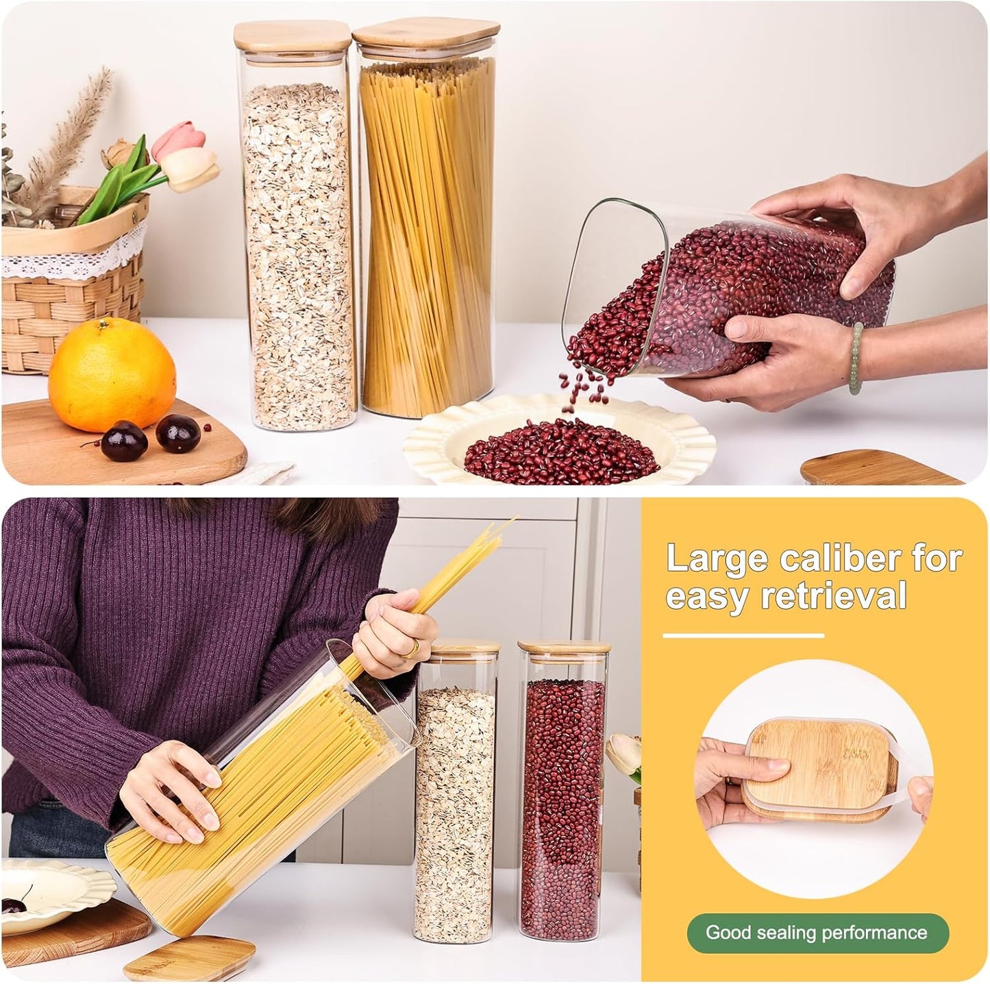 Liuruiyu Glass Storage Jars Set of 3, Clear Glass Food Storage Containers with Airtight Bamboo Lid Stackable Kitchen Canisters for Candy,Cookie,Rice,Sugar,Flour,Pasta(Flat)