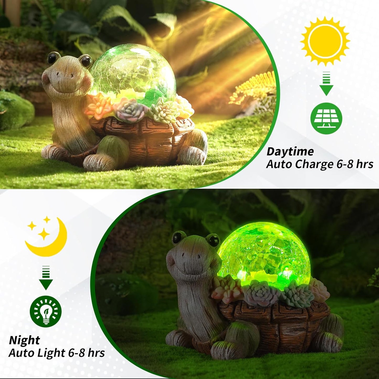 Solar Turtle Garden Statue Lights for Outdoor Decor with Cracked Glass LED Figurine Lighting Resin Succulent Tortoise Decorations Patio Lawn Yard Housewarming Mom Gifts