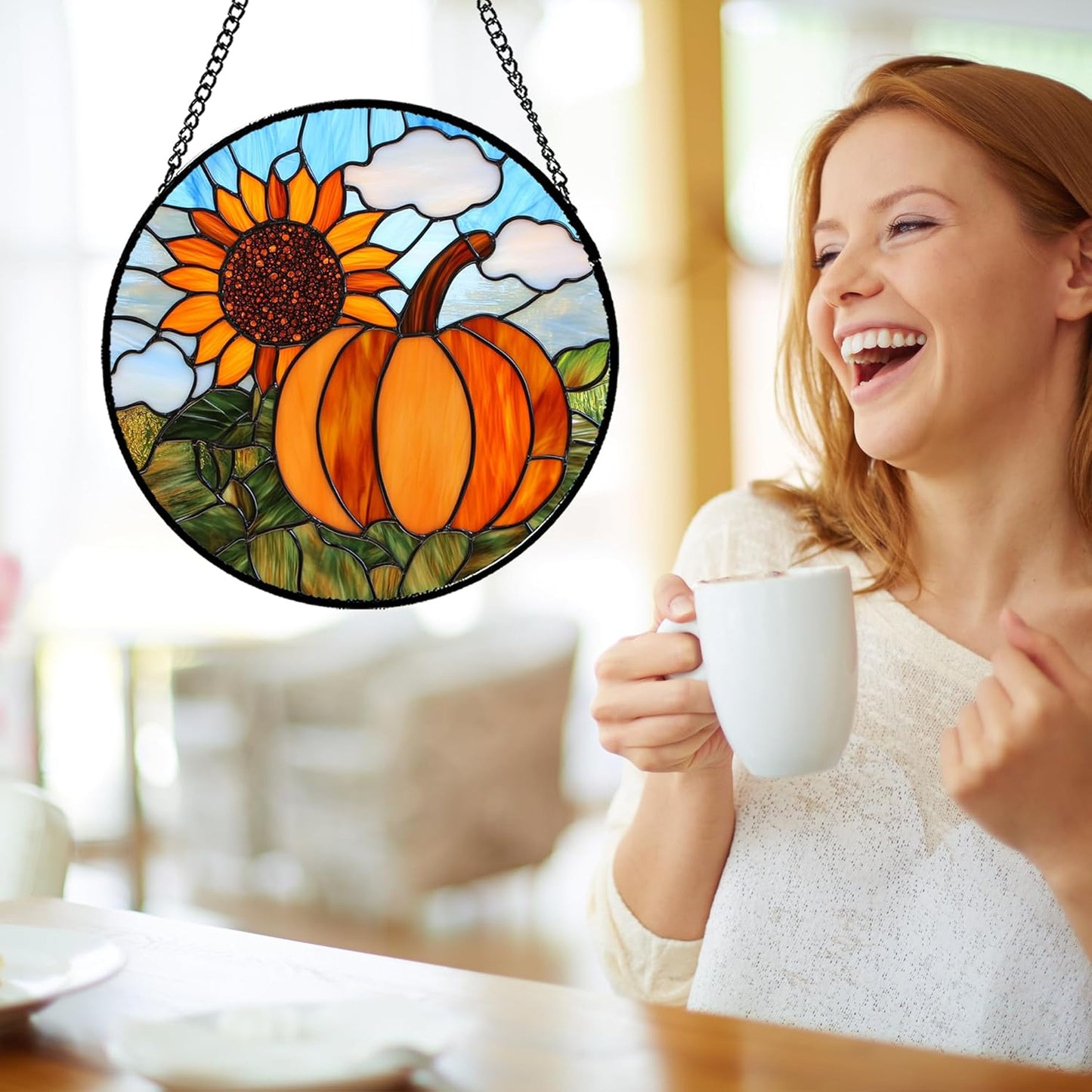 Stained Glass Window Hanging Fall Farm Scenery Sunflower Pumpkin 6.3" - Suncatcher Door Garden Kitchen Sunroom Sun Catcher Home Decor Birthday for Mom Grandma Men Woman