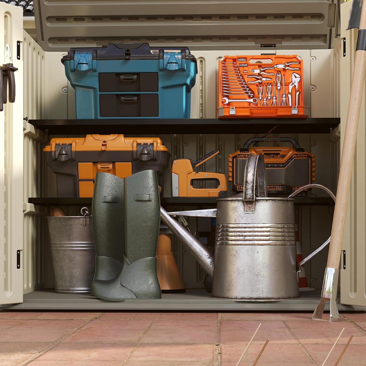 Vertical Resin Storage Shed with 2 Shelves, 47 Cuft Garden Tool Sheds & Outdoor Storage, Plastic Outdoor Storage Cabinet Waterproof, 4.5x2.8 ft Backyard Outside Lawn Mower Storage Shed, Vanilla