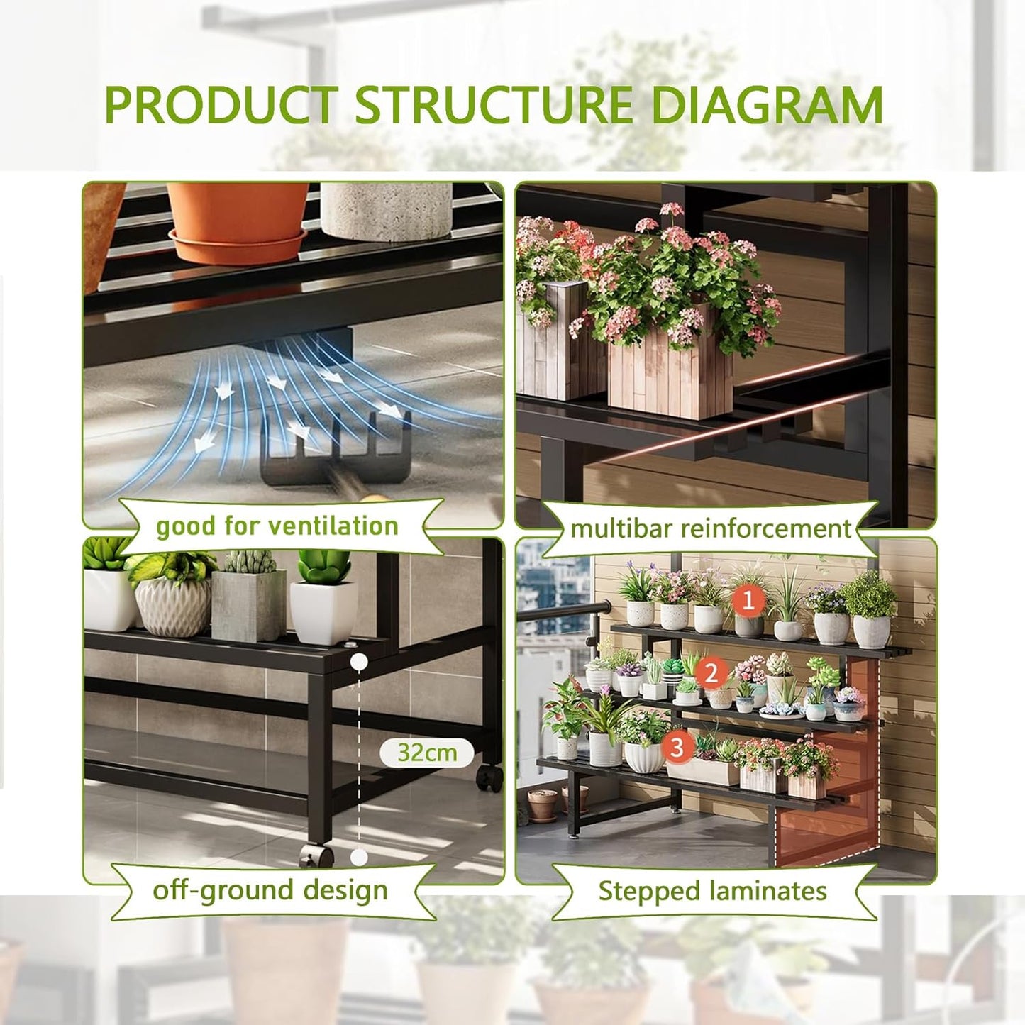 3 Tier Large Metal Plant Stand, with Hanging Tall Plant pot shelf, with Rollers Heavy Duty Plant Holder, for Home/Garden/living room/balcony (BLACK, 47IN)