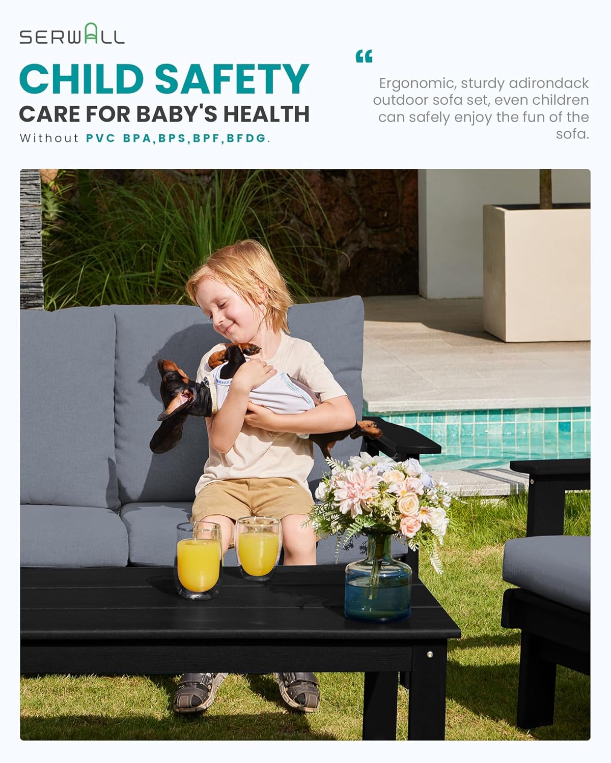 SERWALL HDPE Outdoor Furniture Set, 7 Piece All Weather Wood-Like Outdoor Sofa Sectional Couch, Black Patio Furniture Set with Grey Cushions