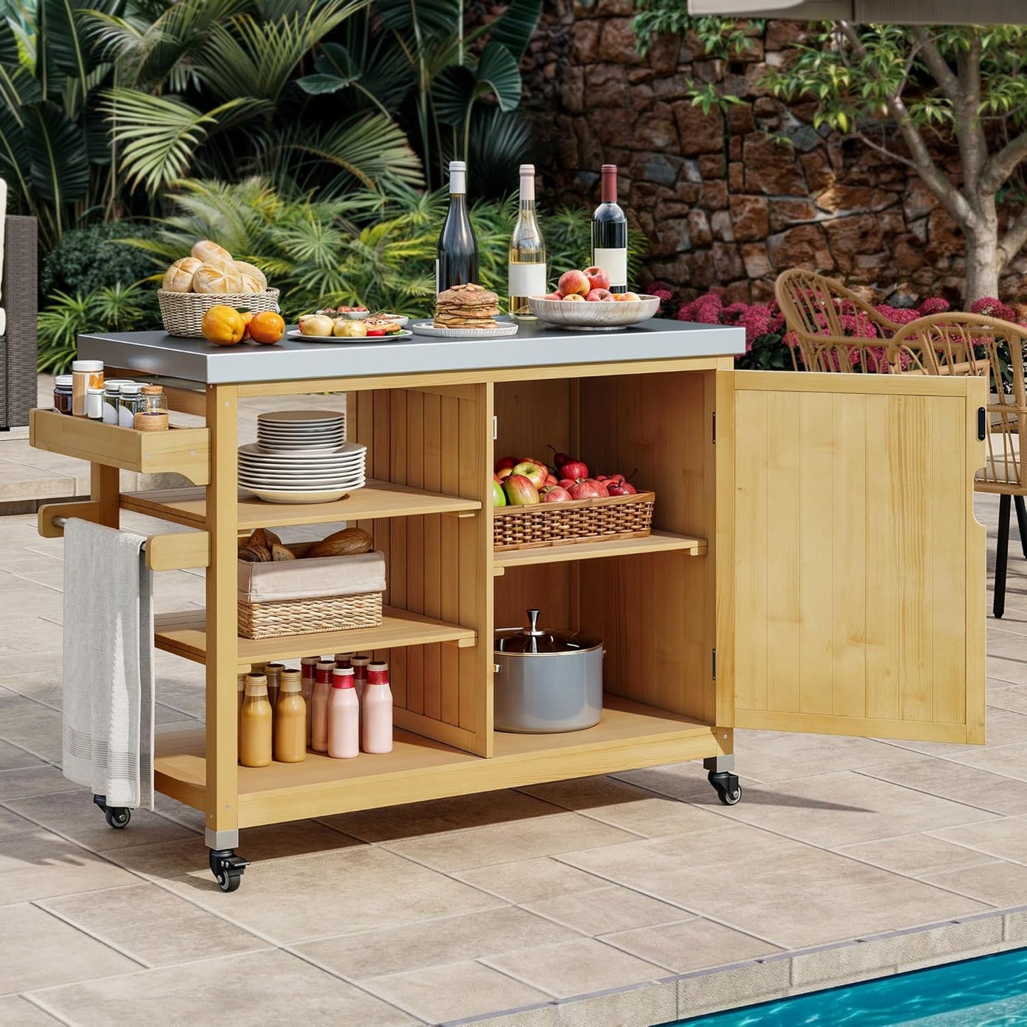 YITAHOME Solid Wood Patio Bar Table XL Outdoor Storage Cabinet Bar Table with Spice Rack and Lockable Wheels, Portable Outdoor Kitchen Island for Patio, Garden, Porch, Balcony, Natural