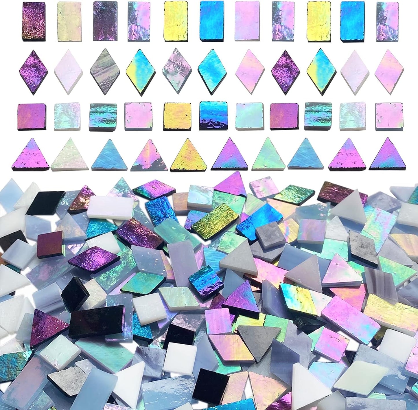 510 Pieces Stained Glass Mosaic Tiles for Crafts Bulk, Mixed 4 Shapes Iridescent Black White Gray Colors Mosaic Kit for Adults Kids, KALUCION Stained Glass Supplies for Mosaics