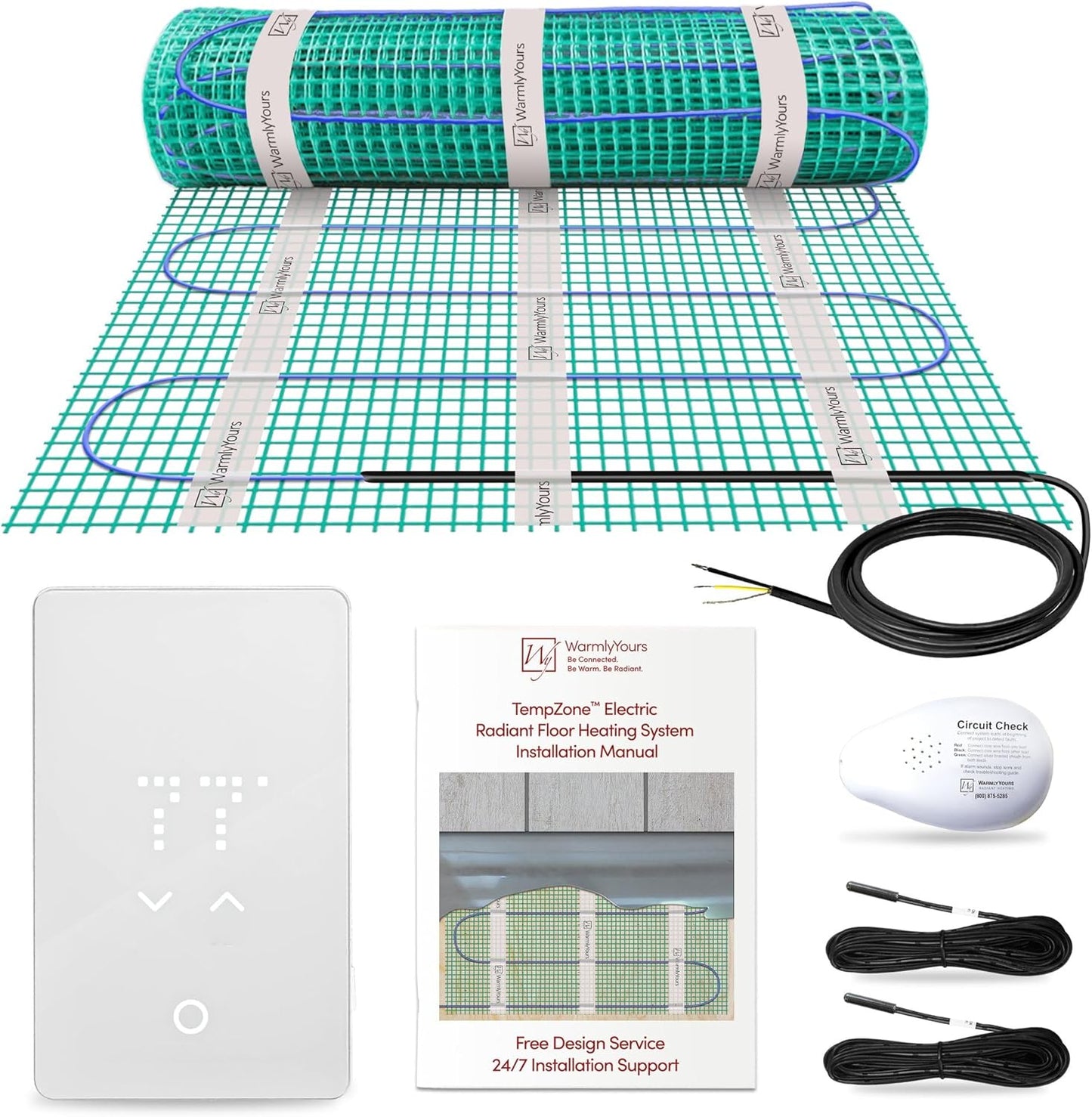 73 Sqft Heated Floor Mat Kit with Radiant Floor Heating System Thermostat UTN5, Two Sensors, Tester, 240V Electric Radiant Floor Heating Mat installs under Bathroom Tile, Vinyl - WarmlyYours TempZone