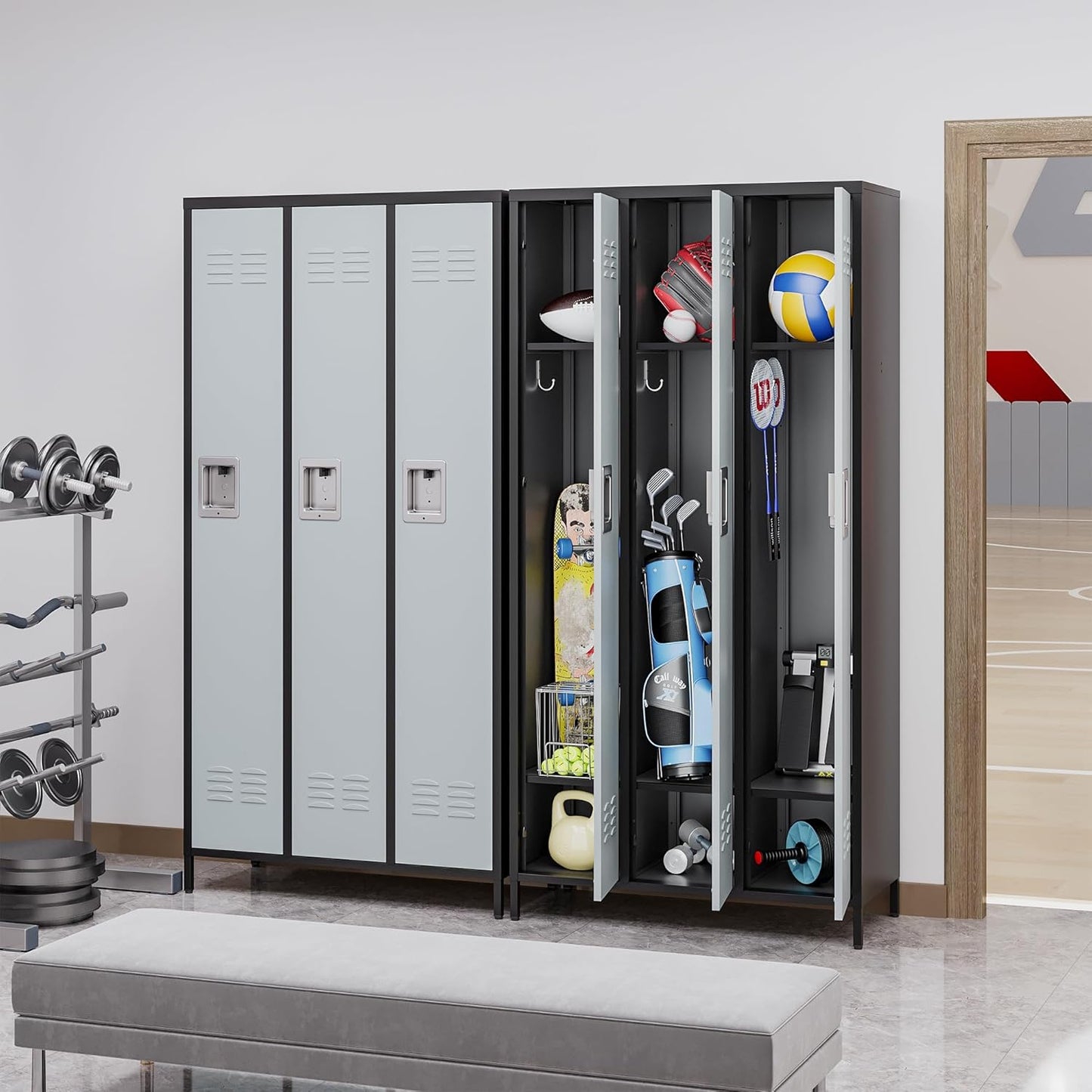 Metal Locker with 3 Doors Employees Locker, Metal Storage Locker with Hooks, 71" Storage Cabinet Lockers for Employees, Home, Office, Gym Requires Assembly (3 Doors, Black Grey)