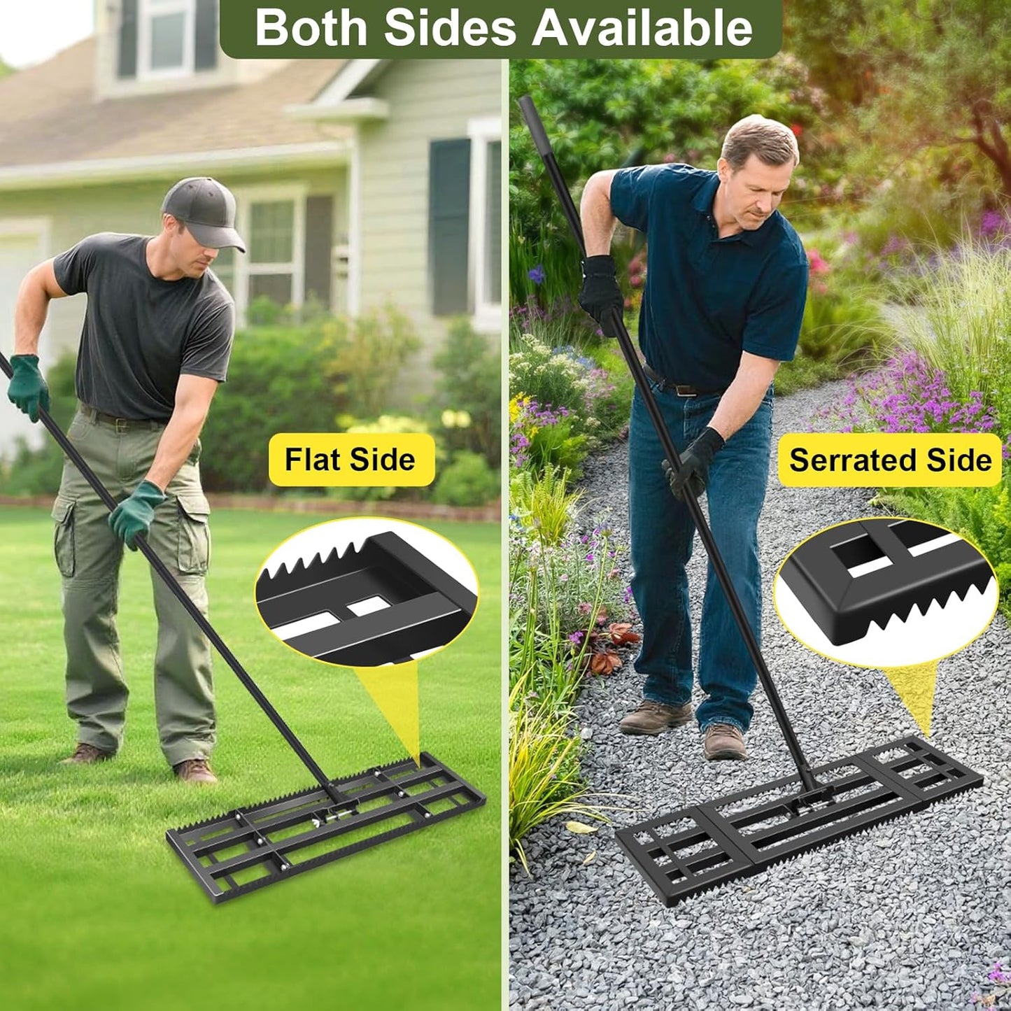 Lawn Leveling Rake-17"x10" Heavy Duty Leveler Reinforced Landscape Tool, Steel Golf Rake with Serrated Edge & Smooth Plate for Level Soil Compost Sand Grass Dirt Yard Garden 6.5FT Adjustable Handle