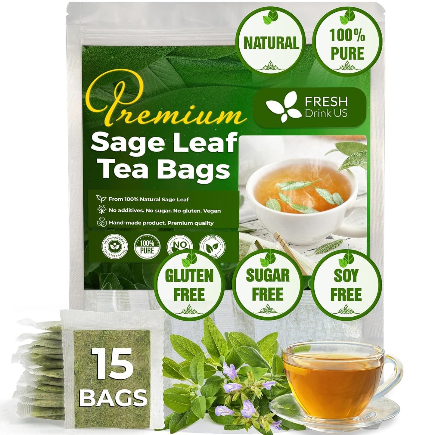 FreshDrinkUS, Premium 15 Sage Leaf Tea Bags, 100% Natural & Pure from Sage Leaves. Loose Leaf Sage Herbal Tea. Made with Natural Material Tea Bags. No Sugar, No Caffeine, No Gluten, Vegan.