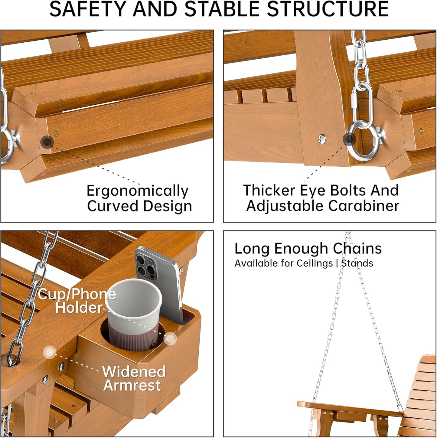 Wooden Outdoor Porch Swings, 3 Seater Front Porch Swing with Upgraded 22" Deep Seat, Heavy Duty 880 Lbs Swing Bench Chair for for Patio, Backyard, Garden (Teak Tone, 5 FT)