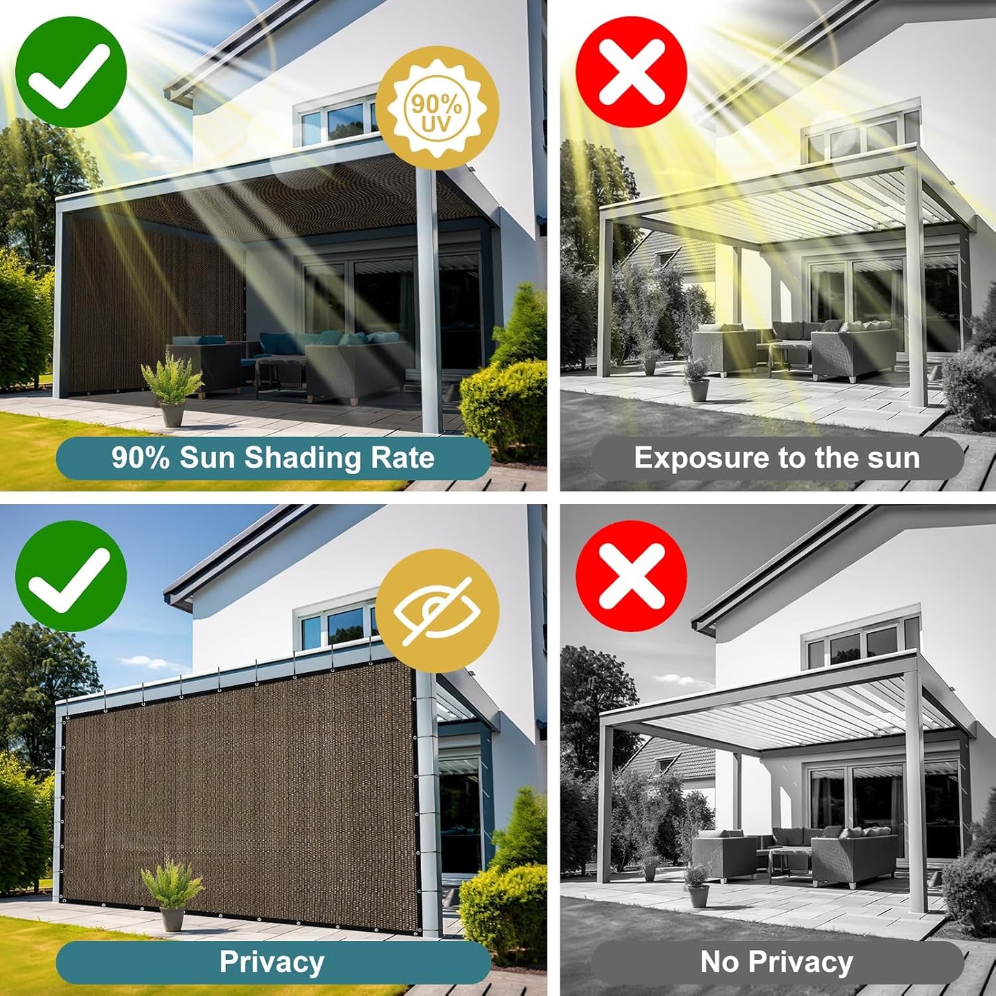 Shade&Beyond 90% Sun Shade Cloth with Grommets, 6' X 8' Pergola Shade Cover Canopy, Mesh Tarp Sun Screens for Patio, Outdoor, Garden, Backyard, Mocha