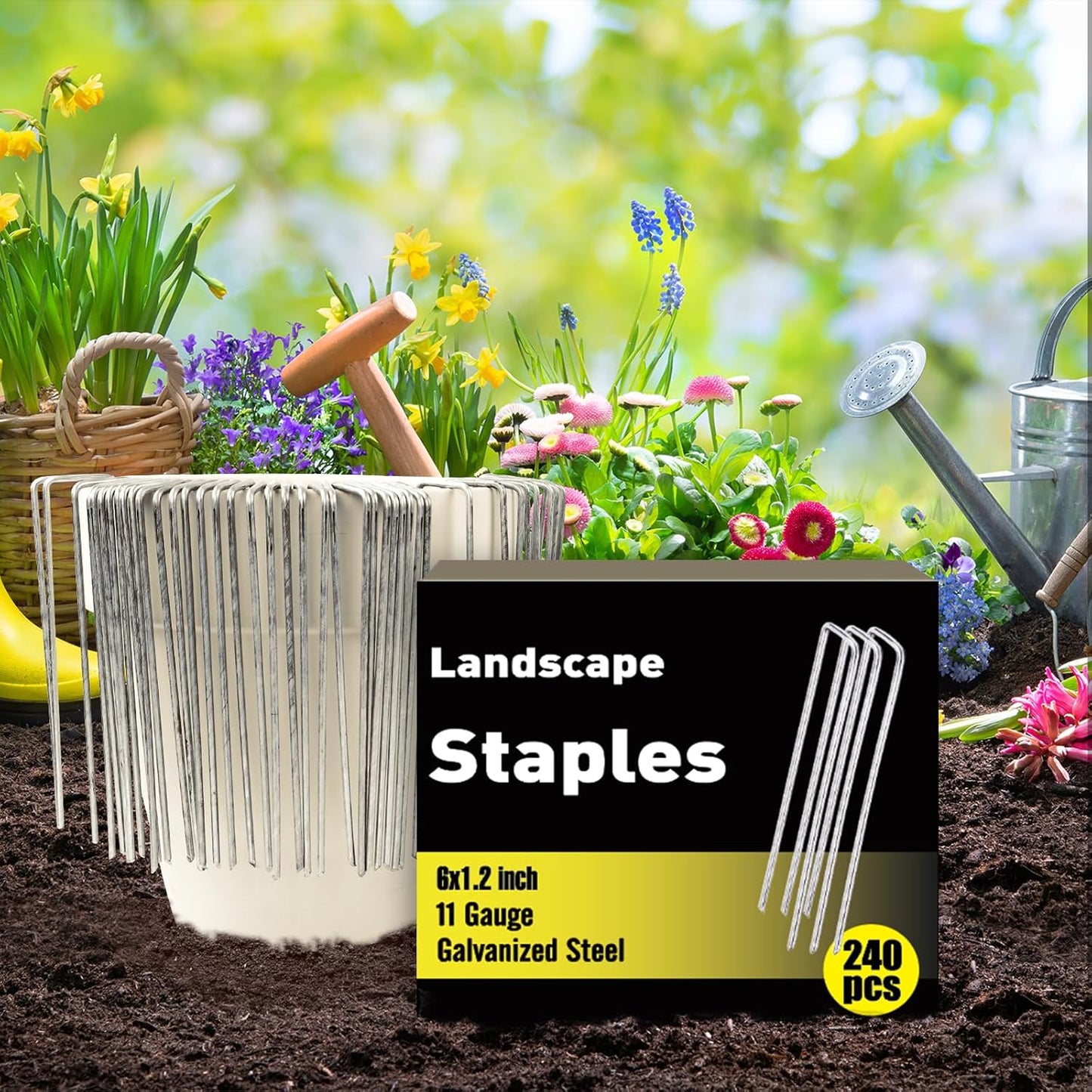 HongWay 240 Pack 6 Inch Landscape Staples, Garden Staples Galvanized Landscaping Fabric SOD Pins Heavy Duty 11 Gauge Yard Ground Stakes for Gardening Plant Cover, Turf, Lawn, Fence, Tent