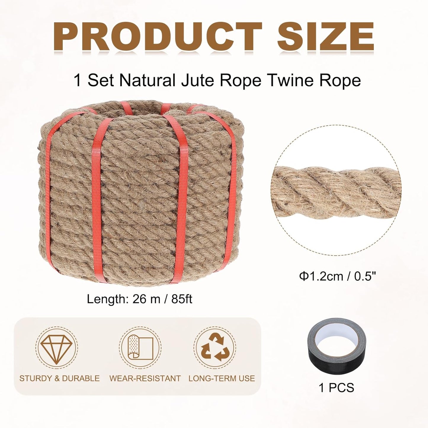 MECCANIXITY Jute Rope 0.5 Inch x 85ft, Thick Twine Rope Ropes Braided Jute Twine Natural Brown Burlap Cord String Heavy Twisted with Tape for Decorative Crafts Railing Swing Tug of War